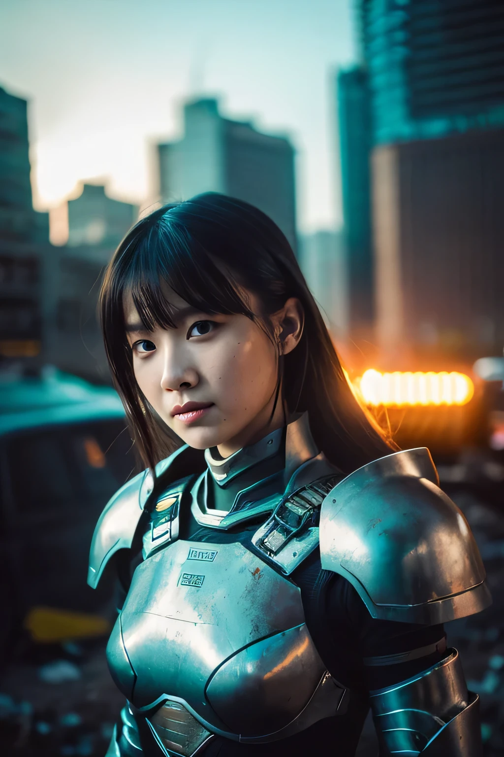 In a destroyed city of the future、Medium shot photo of a sexy female cyborg in damaged and discoloured futuristic armour, Fantasy, Science fiction, Beautiful woman face, Fascinating, Sexual, haze, Vivid and Fascinating Eyes, dramatic, Top quality masterpiece, Realistic, detailed, 8k, High resolution, Shallow depth of field, Cinema Lighting, bloom, The light shines, chromatic aberration, Sharp focus