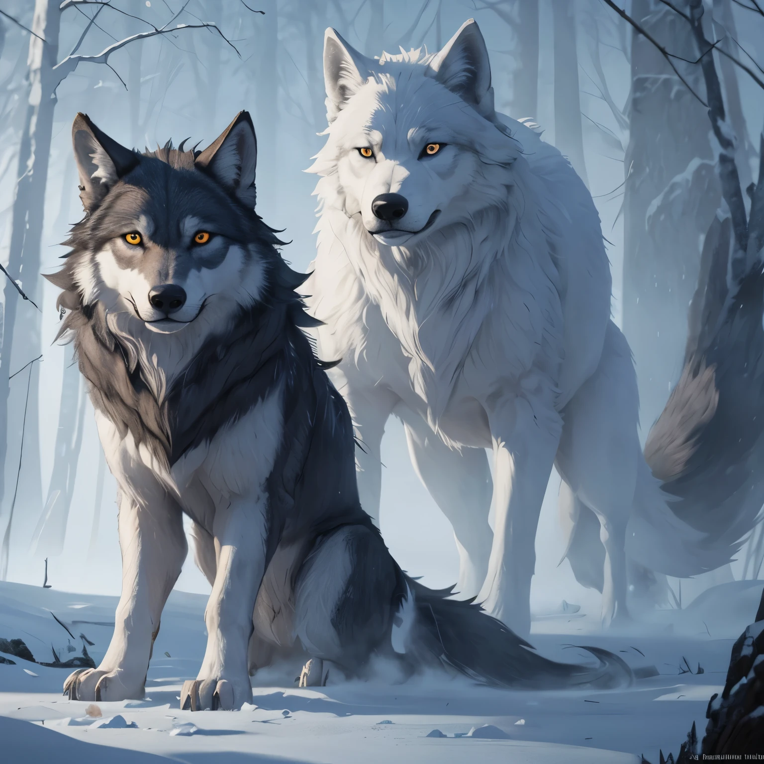 fantasy art 8k,
pmmkr2024,best quality, trending on artstation,giant female wolf,white hairy,blue eyes,mist,cold,blizzard,winter breath,ice claws,looking in the camera,quadruped,calm,quiet,Best quality, masterpiece, ultra-high resolution, forest in the background, 8k, (Light and Shadow Effect)