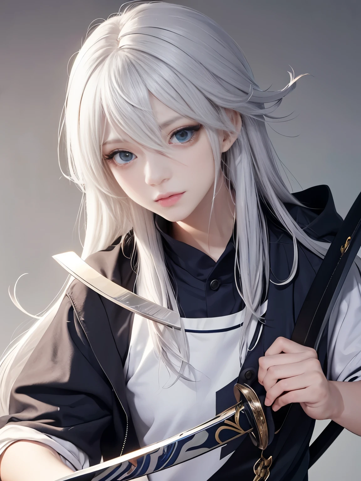 Close-up of a white-haired woman holding a sword, Komaeda Nagito, Inspired by Okumura Tougyu, Has dark grey hair, A silver madman, Tall anime woman with blue eyes, Inspired by Masanobu Okumura, Young anime woman, female anime character, Komaeda Nagito from danganronpa
