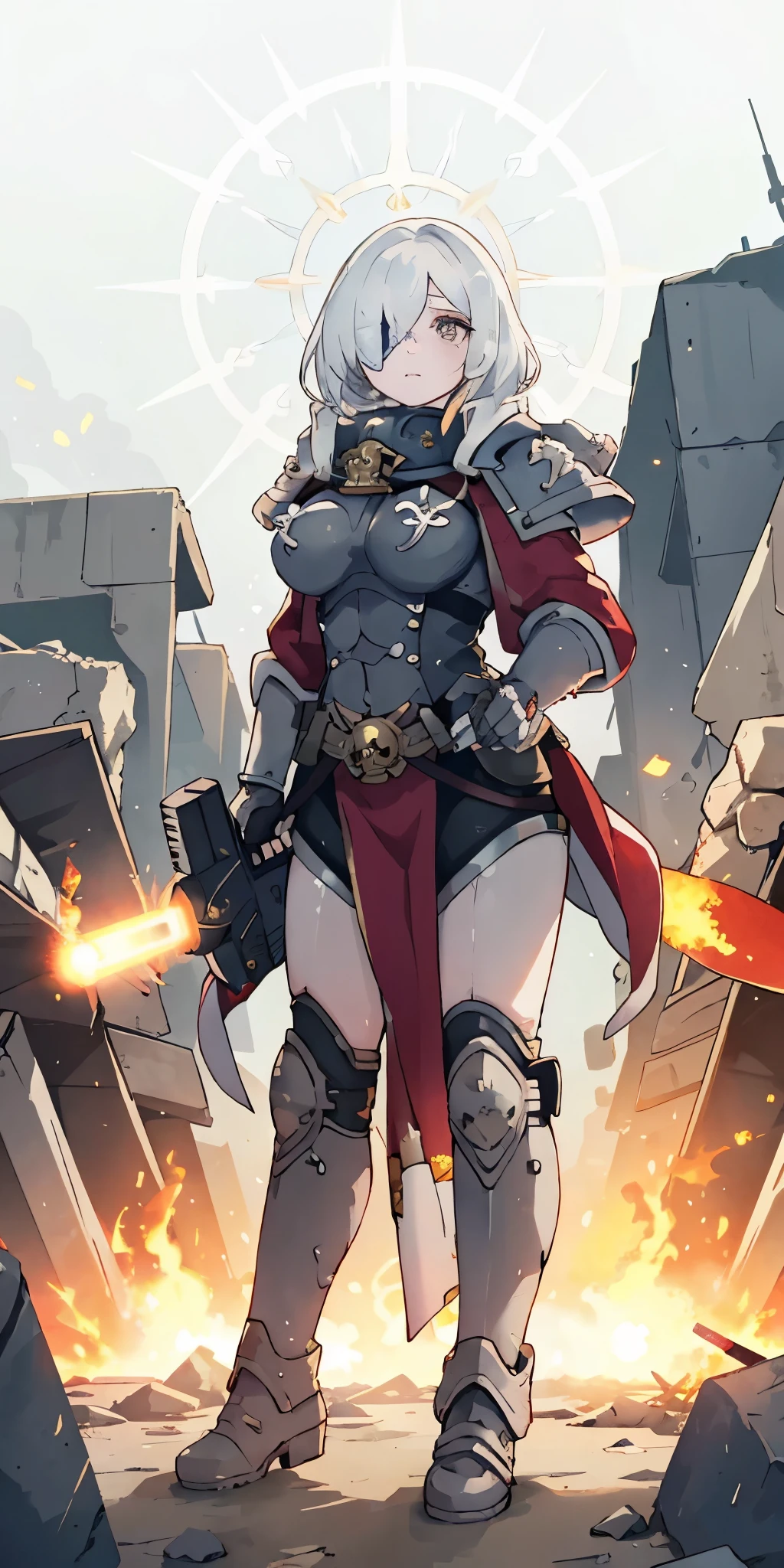 (masterpiece:1.2), (best quality:1.2), perfect eyes, perfect face, perfect lighting, 1girl, mature whsororitas with a laser rifle in her hands, scar over one eye, eyepatch, red tabard, white hair, warhammer 40k, chaos, fire, scifi, detailed ruined city background, power armor