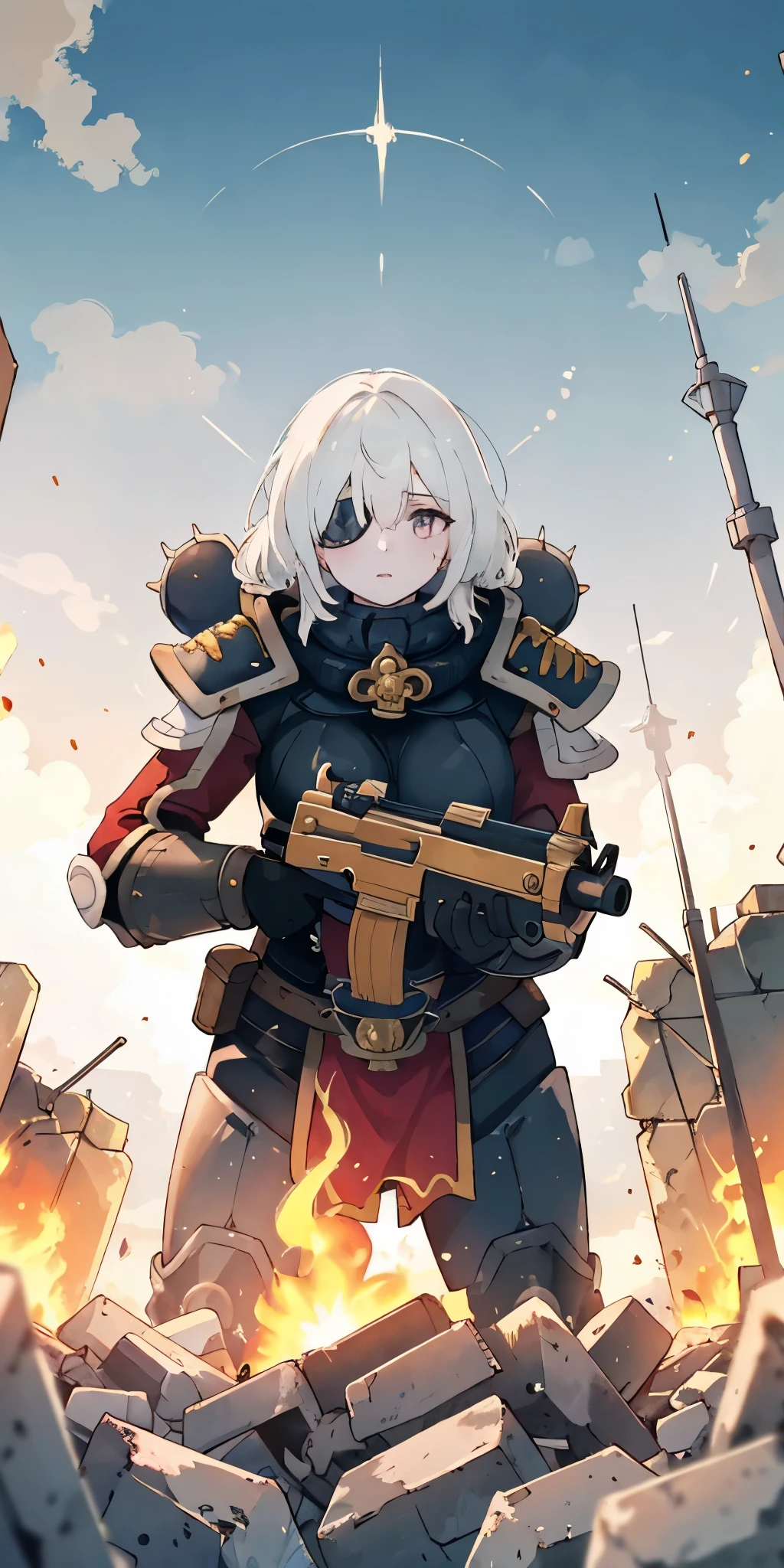 (masterpiece:1.2), (best quality:1.2), perfect eyes, perfect face, perfect lighting, 1girl, mature whsororitas with a laser rifle in her hands, scar over one eye, eyepatch, red tabard, white hair, warhammer 40k, chaos, fire, scifi, detailed ruined city background, power armor