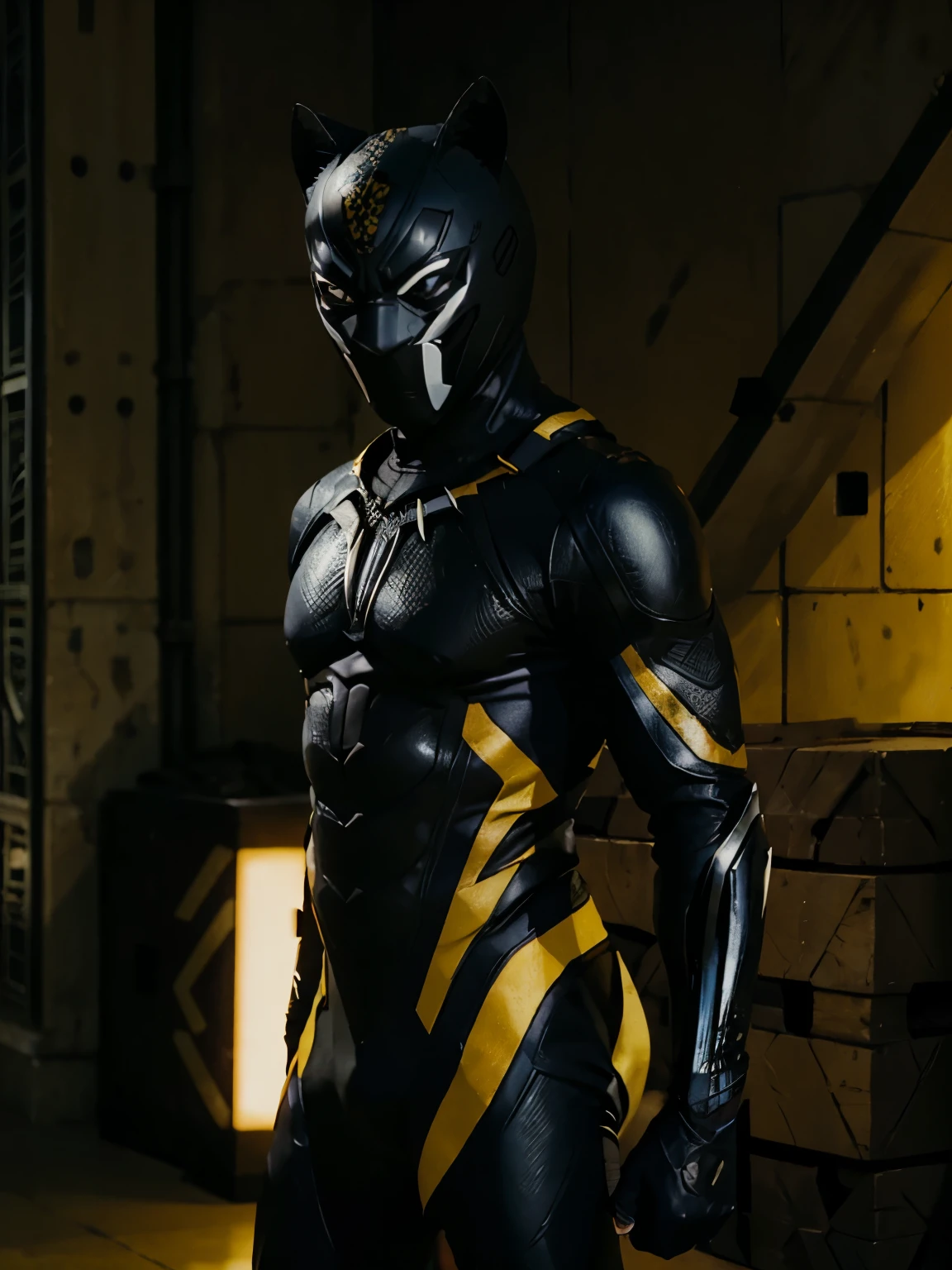 A superhero similar to black panther based on the brasilian painted jaguar. Suit predominantly yellow and dotted black. With mask.