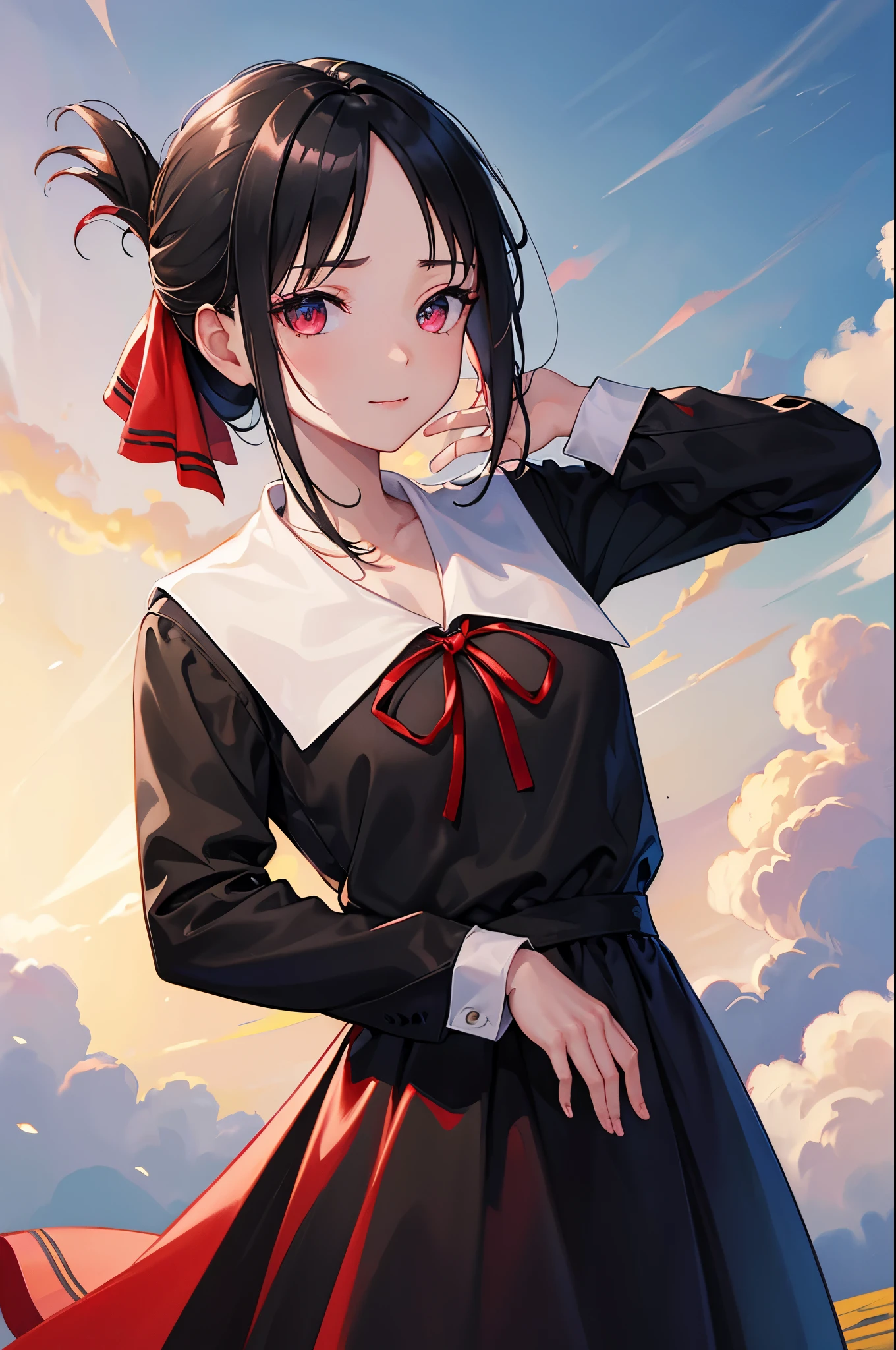 (masterpiece, best quality:1.2), expressive eyes, perfect face, highres,1girl, solo, aakaguya, short hair, folded ponytail, hair ribbon, parted bangs, neck ribbon, red ribbon, black dress, black shirt, long sleeves, black sleeves, schoolyard background, smiling, standing, cowboy shot, looking at the viewer