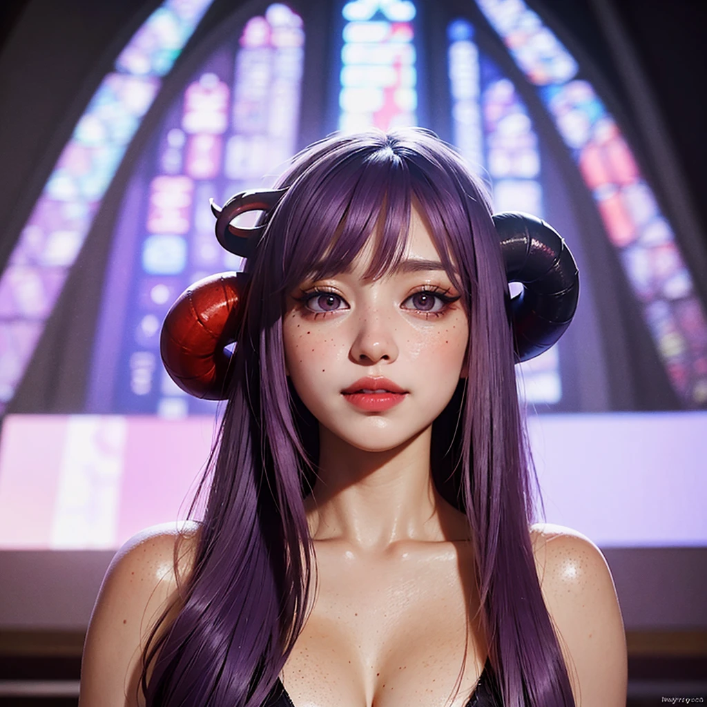 Succubus, 23 years old, south korean, idol, masterpiece, 4k, perfect face, horns, soft skin, freckles under eyes, long whavy purple hair, shining bright purple eyes, red eyeliners, red lips, big smile, closed mouth, natural makeup, soft lighting, bright colors, in a church, medium shot.