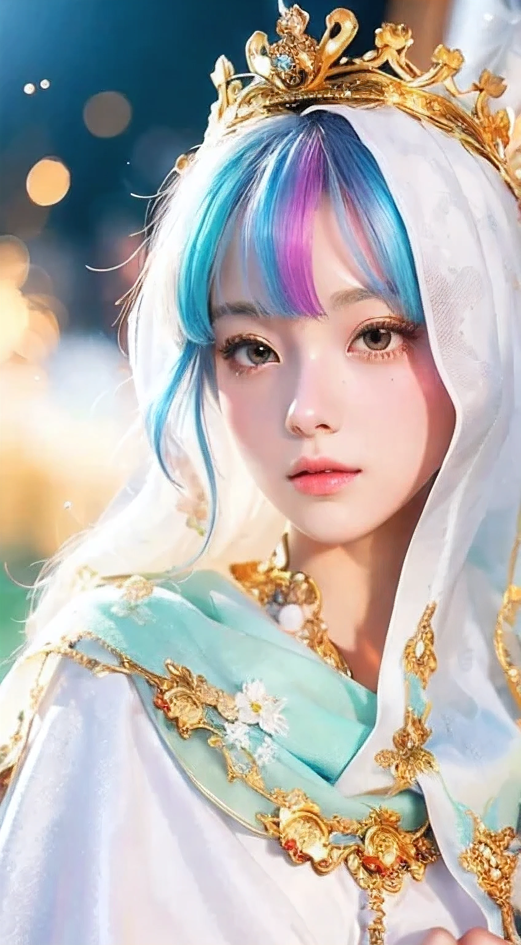 Anime Princess Style，face is a fair and (cool), all picture quality , mystical ,delicate and precise ,detailed background ,colorful picture ,high quality, luxury，Upper body，Hair color white，Golden Crown, gorgeous intricately detailed dress, golden ornaments, white cloak,