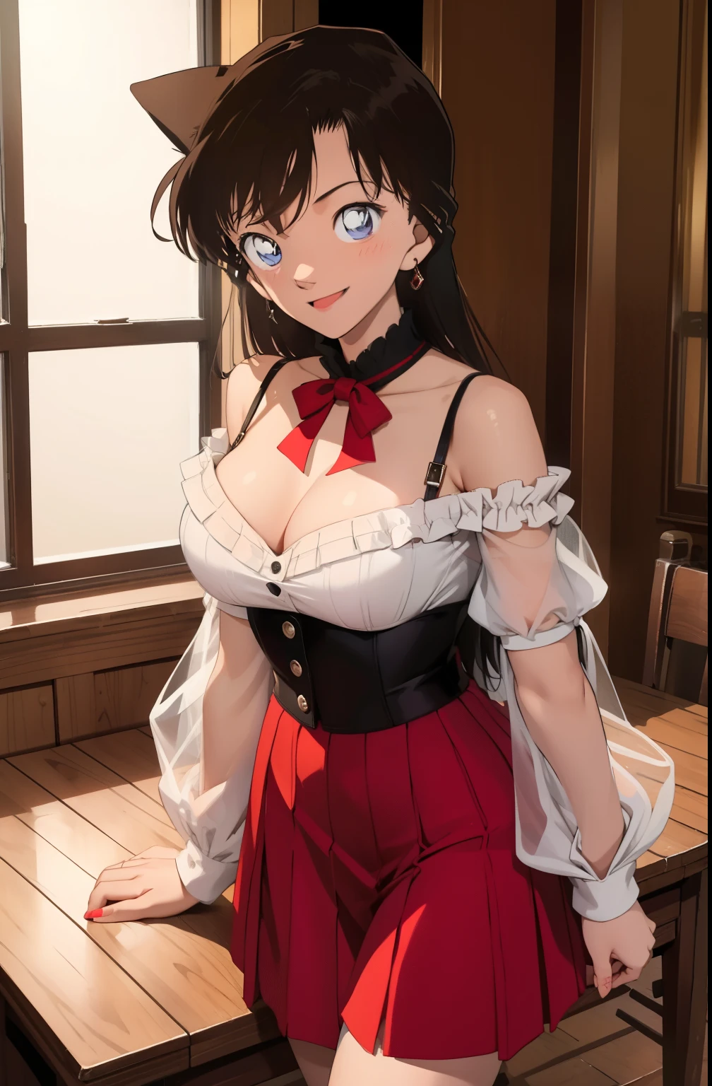 One girl,  ((masterpiece, highest quality, 8k))，As you wish，Off-the-shoulder outfit，smile，close，Looking into the camera，Make your face bright red，Perfect figure，See-through clothing，white collar，No bra，Nipples，Cleavage