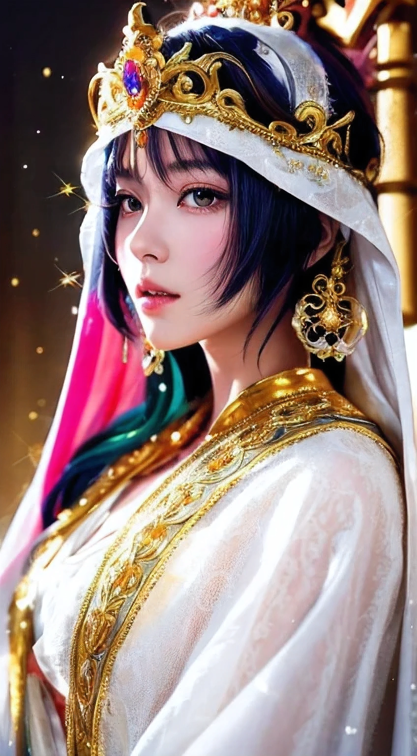Anime Princess Style,face is a fair and (cool), all picture quality , mystical ,delicate and precise ,detailed background ,colorful picture ,high quality, luxury,Upper body,Hair color white,Golden Crown, gorgeous intricately detailed dress, golden ornaments, white cloak,