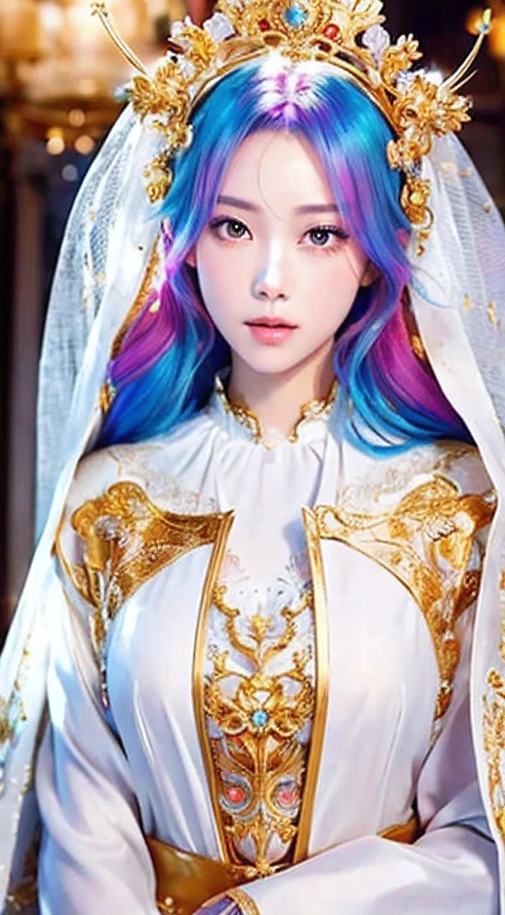 Anime Princess Style，face is a fair and (cool), all picture quality , mystical ,delicate and precise ,detailed background ,colorful picture ,high quality, luxury，Upper body，Hair color white，Golden Crown, gorgeous intricately detailed dress, golden ornaments, white cloak,