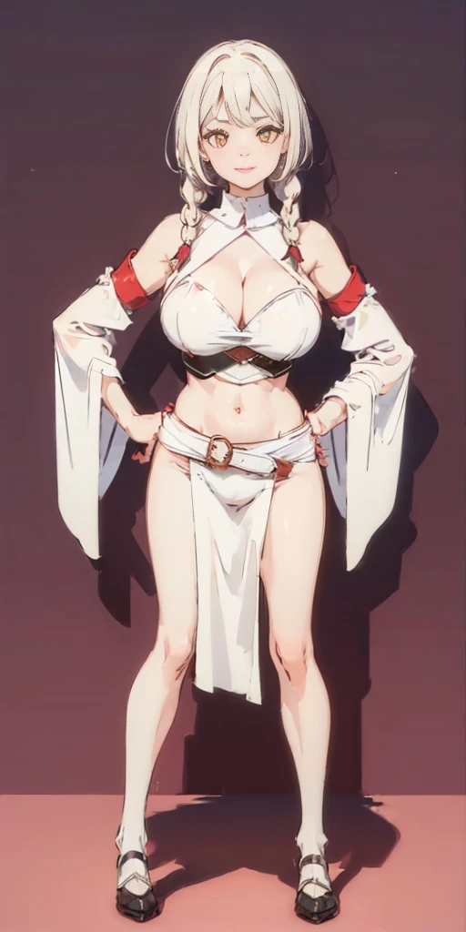 (((Plain background 1:2))) (masterpiece, high quality: 1.1) 1girl full body standing, hairstyle with a braid, white colored hair, yellow eyes, perfect lighting, muscular, thighs, mature woman, , bellybutton, abs, looks at the viewer smile RED CHEEKS, extremely , maternal, porcelain skin, extra very long hair, sparkly skin, good face,  cover, HANDS ON 