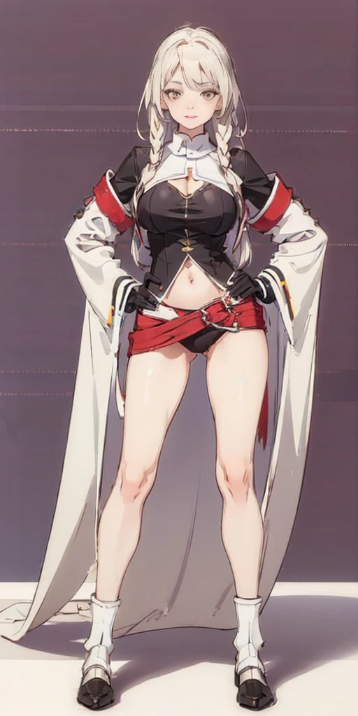 (((Plain background 1:2))) (masterpiece, high quality: 1.1) 1girl full body standing, hairstyle with a braid, white colored hair, yellow eyes, perfect lighting, muscular, thighs, mature woman, mummy, bellybutton, abs, looks at the viewer smile RED CHEEKS, extremely huge breasts, maternal, porcelain skin, extra very long hair, sparkly skin, good face, chest cover, HANDS ON HIPS