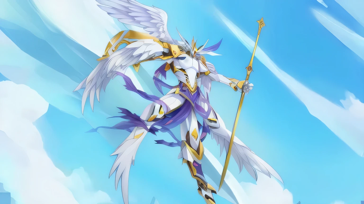 anime character with a sword and wings flying in the sky, angewomon from digimon, angemon l sitting at the thrown, greek god in mecha style, flying anime esper, seraphim, archangel, winged archer, archangel michael, full - body majestic angel, fan art, holy paladin, legendary god holding spear, glamorous angewoman digimon