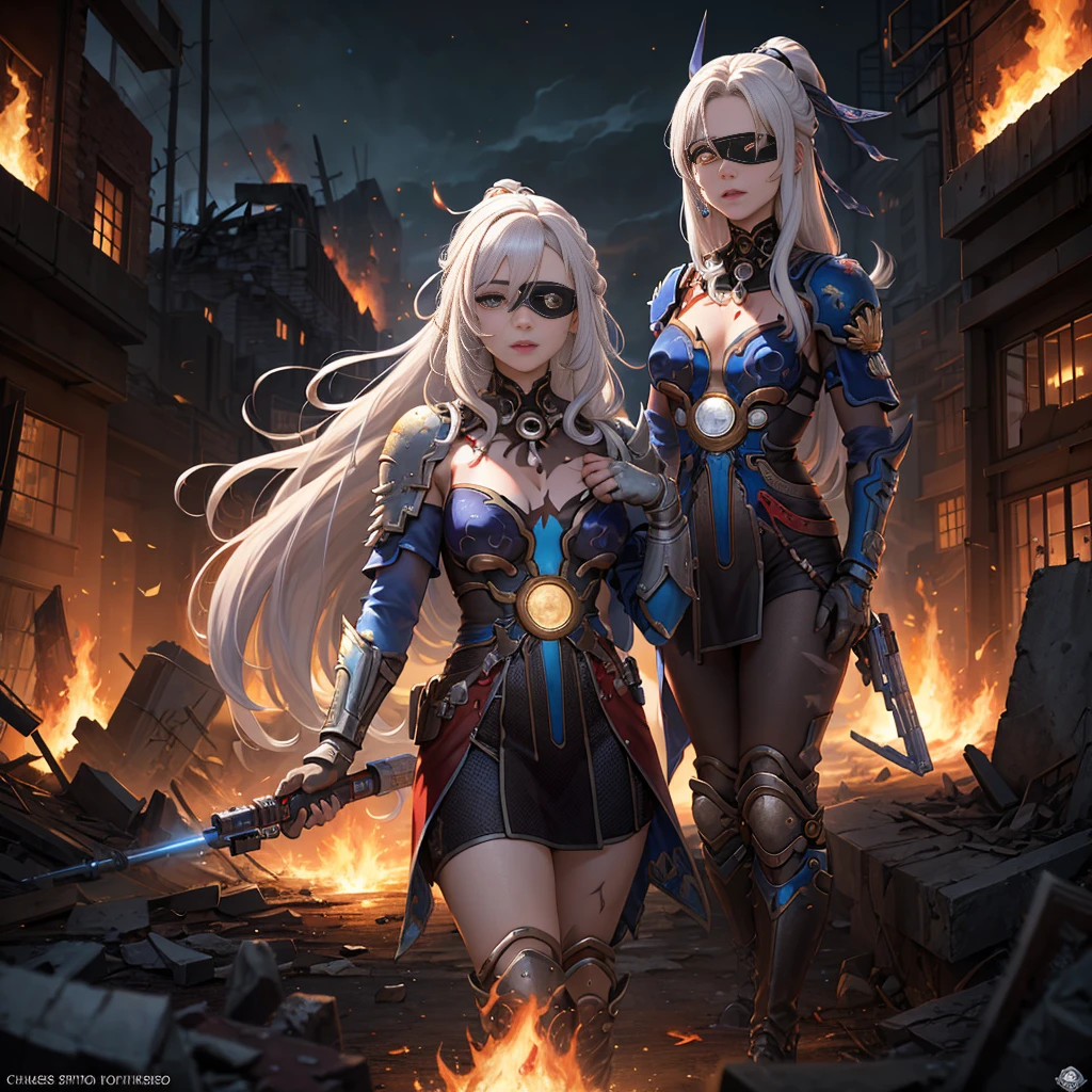 (masterpiece:1.2), (best quality:1.2), perfect eyes, perfect face, perfect lighting, 1girl, mature whsororitas with a laser rifle in her hands, scar over one eye, eyepatch, red tabard, white hair, warhammer 40k, chaos, fire, scifi, detailed ruined city background, power armor