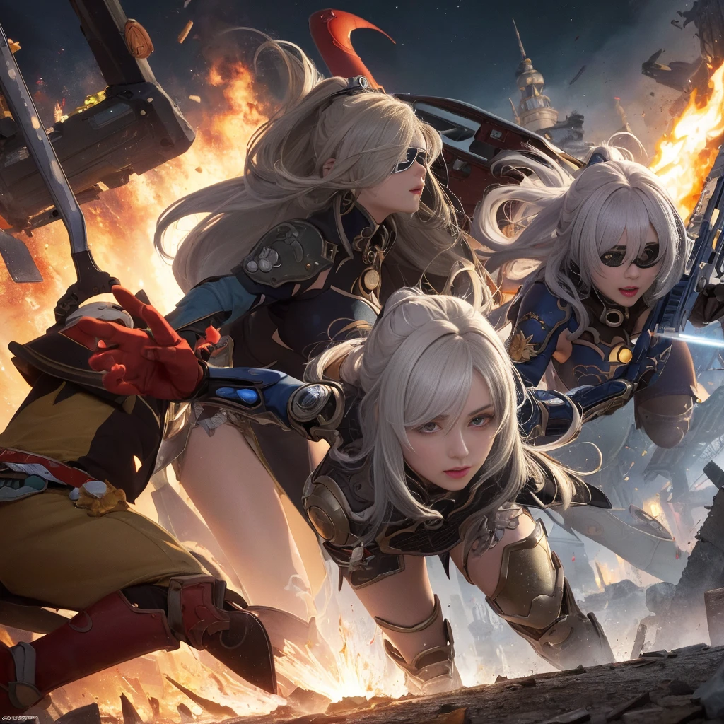 (masterpiece:1.2), (best quality:1.2), perfect eyes, perfect face, perfect lighting, 1girl, mature whsororitas with a laser rifle in her hands, scar over one eye, eyepatch, red tabard, white hair, warhammer 40k, chaos, fire, scifi, detailed ruined city background, power armor