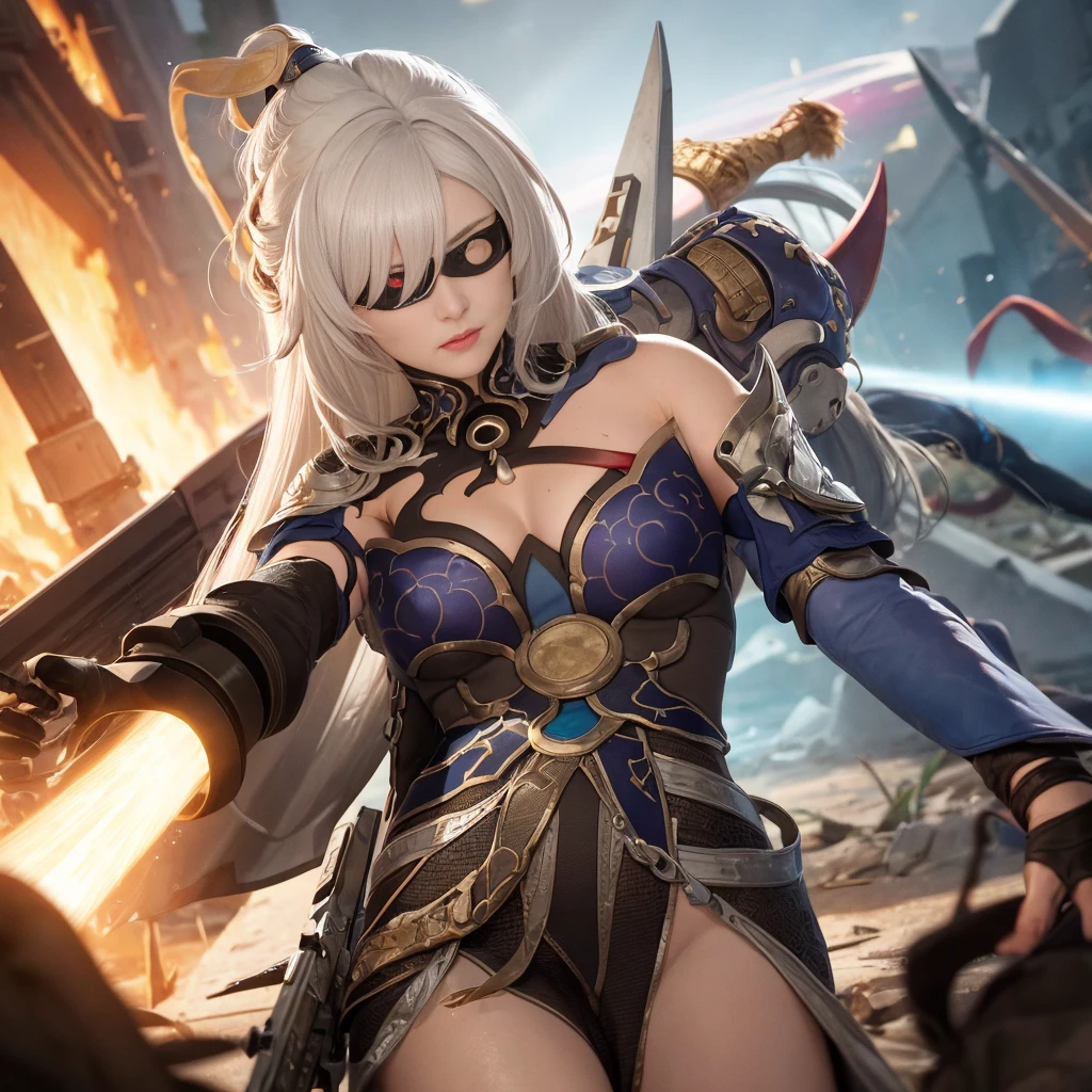 (masterpiece:1.2), (best quality:1.2), perfect eyes, perfect face, perfect lighting, 1girl, mature whsororitas with a laser rifle in her hands, scar over one eye, eyepatch, red tabard, white hair, warhammer 40k, chaos, fire, scifi, detailed ruined city background, power armor