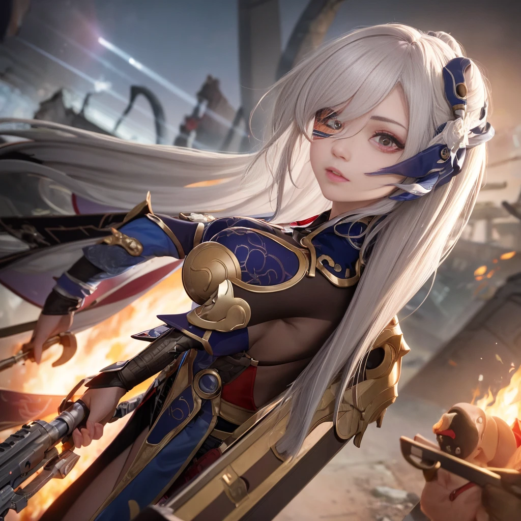 (masterpiece:1.2), (best quality:1.2), perfect eyes, perfect face, perfect lighting, 1girl, mature whsororitas with a laser rifle in her hands, scar over one eye, eyepatch, red tabard, white hair, warhammer 40k, chaos, fire, scifi, detailed ruined city background, power armor