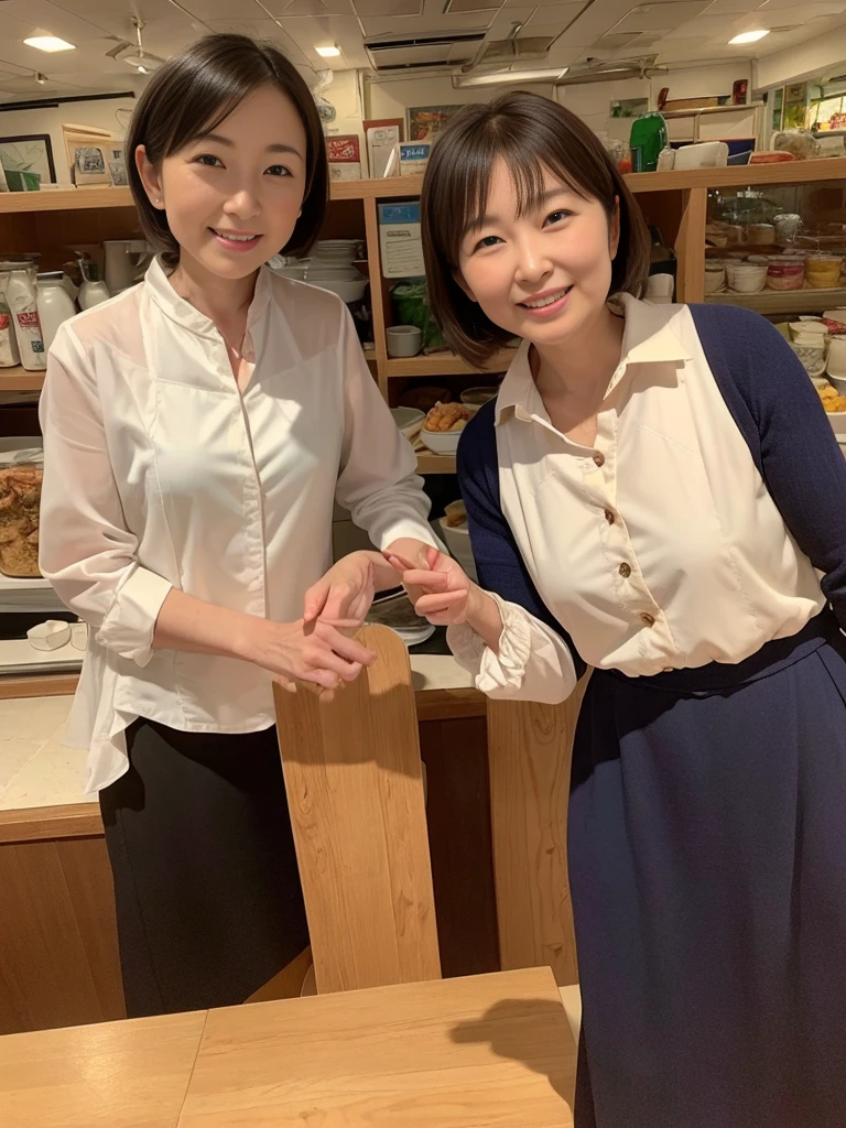 (highest quality),(8K),(masterpiece),(high resolution),(Mature women in their 40s),(3 mature women),Wrinkles around the eyes,The background is a cafe,Cafe attendant costume,Larger breasts、Short Hair,Full Body Shot,Waitress Uniform,smile