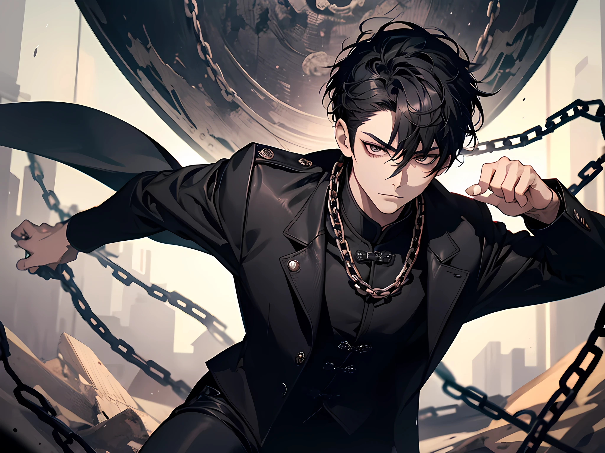 1 man, teacher, wearing a black leather jacket with chains, long black pants, black hair, short hair, face to detail, detailed eyes, black eyes, black crown floating over his head, in a fighting pose, the background is space beings in china, (detailed eyes, eyes extremely detailed, half-body:0.6)
