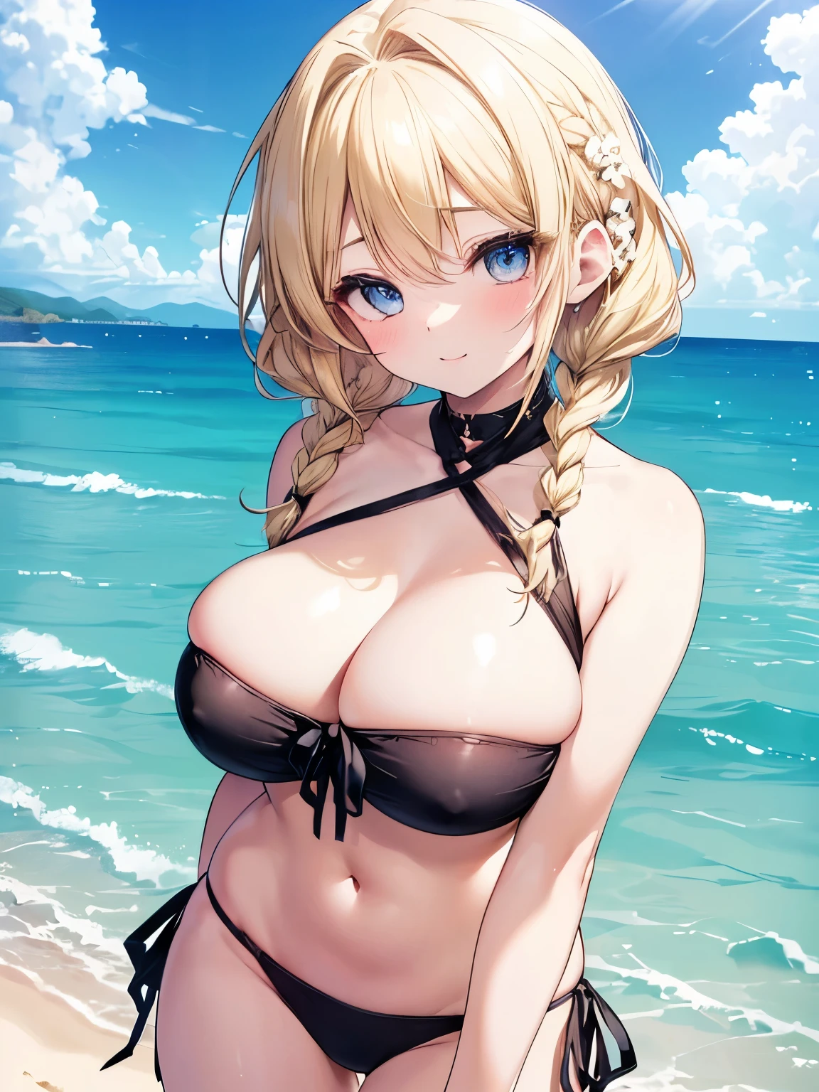 Masterpiece,Best Quality,(Super Detail),Perfect Lighting, Highly detailed CG,Super detailed,(Highly detailed eyes,Very cute face,Highly detailed face:1.3),Beautiful Anime Girl,(Solo Girl),(Super huge boobs:1.4),(Sensual,Glamorous:1.4),(Blonde,Medium Hair,Twin braids,Let your hair hang forward:1.5),(Big light blue eyes),(Very happy smile,Open your mouth wide),break,(Black and white layered bandeau bikini),Sandy Beach,Summer sunshine,Horizon lines seen in the distance,Cloudless blue sky,Cowboy Shot