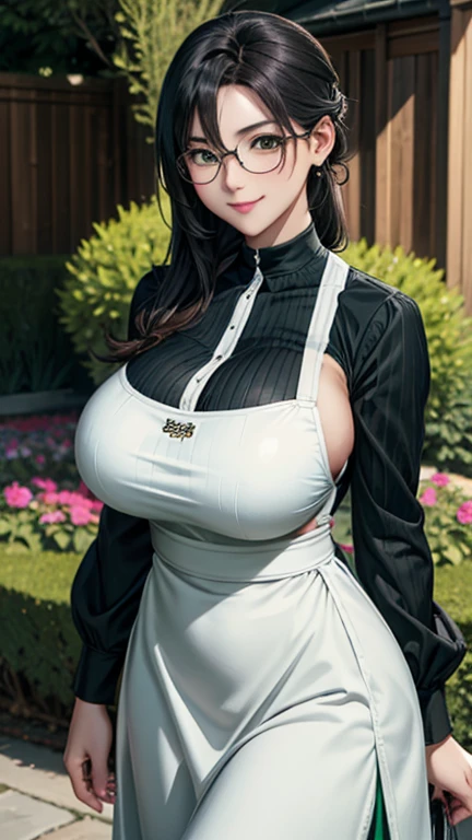 beautiful girl, circle shaped face, big breasts, cleavages, thigh, smiling, round face, black hair, eyeglass, chignon style hair, full sleeve green clothes, white apron, long skirt, black eyes, school room, standing on a garden