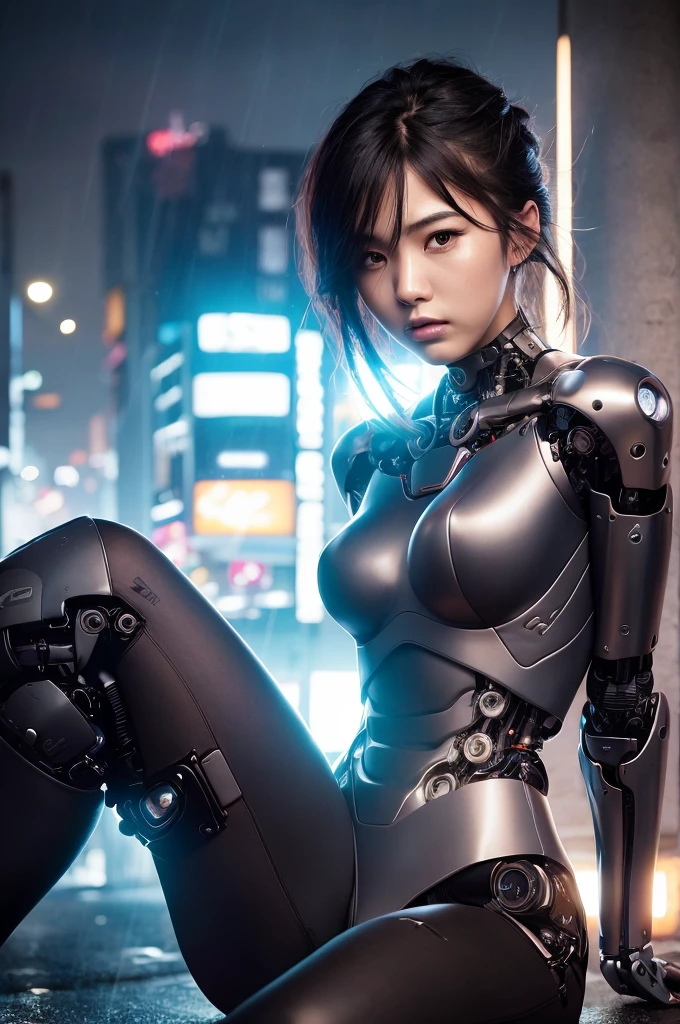 (kpop idol:1), 1girl, 18 yo, (sexy:1), fit, hot, (slim body:1.2), pale skin, (seductive:1.3), (dark hair:1.4), (small breasts:1.3), (looking at viewer:1), (half body:1.5), (sitting:1.4), futuristic, cybernetics, cyberpunk, (cyborg:1.2), (robot arms:1.4), (raining:1.2), (silver jumpsut:1.1), (alley), Shibuya at night, (night:1.2), (colorful neon lights), (fog:1.1), (PureErosFace_V1:0.5), 8k, (best quality), (ultra-detailed), (best illustration), (realistic, photo-realistic:1.37), (night photography), (medium close up:1.3), lens flare, shade, backlighting, depth of field, natural lighting, hard focus, vibrant details, anatomical, extremely delicate and beautiful, amazing, finely detailed, masterpiece,