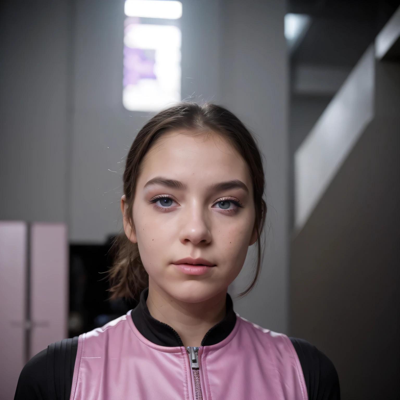 Photo of a college student, Purple Pink, futuristic spacesuit, (freckle:0.8) Cute face, Science Fiction, Dystopia, Delicate eyes, Heterochromia of the Eyes((side view))