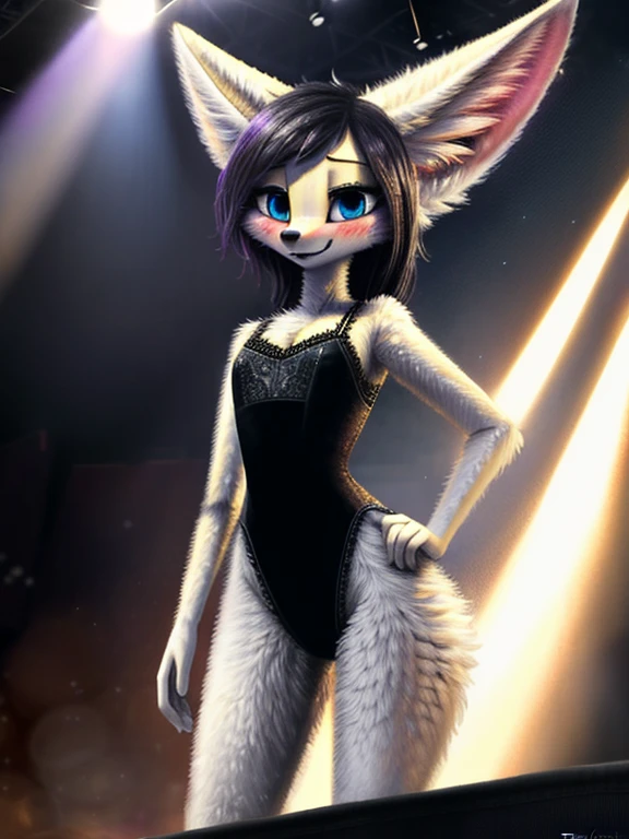 a very short female fennec with white fur, standing on stage in the spotlight, beautiful detailed teal eyes, beautiful detailed glossy black lips, extremely detailed face and eyes, very long eyelashes, long shiny black hair, dark blue and violet leotard, lingerie, lace trimmed, slim waist and slender figure, flatchested, blushing, warm vibrant colors, soft dreamy lighting, high-resolution masterpiece, [by dryadex, by syuro::12], [by v-tal:by himeragoldtail:16], (by trigaroo:1.22), (by toots, by syn-6), by enginetrap, (by fuel /artist/), (by funkybun:0.5), (whisperfoot:0.6), (by kenket:0.8), translucency