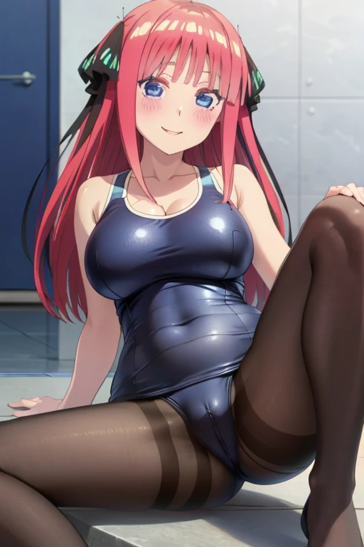 best quality, ultra-detailed masterpiece, anime art style, cute character, nino nakano, large breasts, blush, smile, one-piece swimsuit, pantyhose, pussy focus, open legs