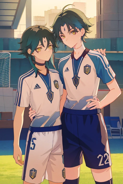 2 boys,dark green hair,highest quality,masterpiece,excessive,male focus,yellow eyes,beautiful eyes,beautiful boy,School,between men,Spouse,soccer club members,Blue soccer uniform,soccer,high school,soccer uniform,blue clothes,soccer court,teammate,same clothes,shoulder to shoulder,feminine,good friend,best image quality,