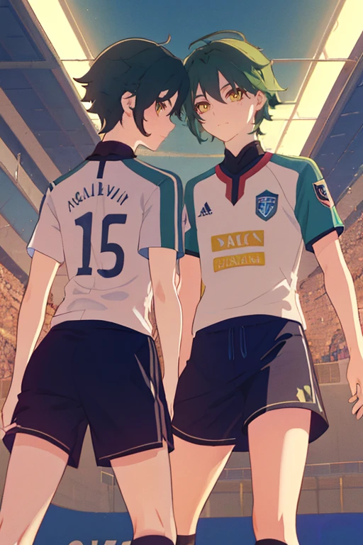 2 boys,dark green hair,highest quality,masterpiece,excessive,male focus,yellow eyes,beautiful eyes,beautiful boy,School,between men,Spouse,soccer club members,Blue soccer uniform,soccer,high school,soccer uniform,blue clothes,soccer court,teammate,same clothes,shoulder to shoulder,feminine,good friend,best image quality,