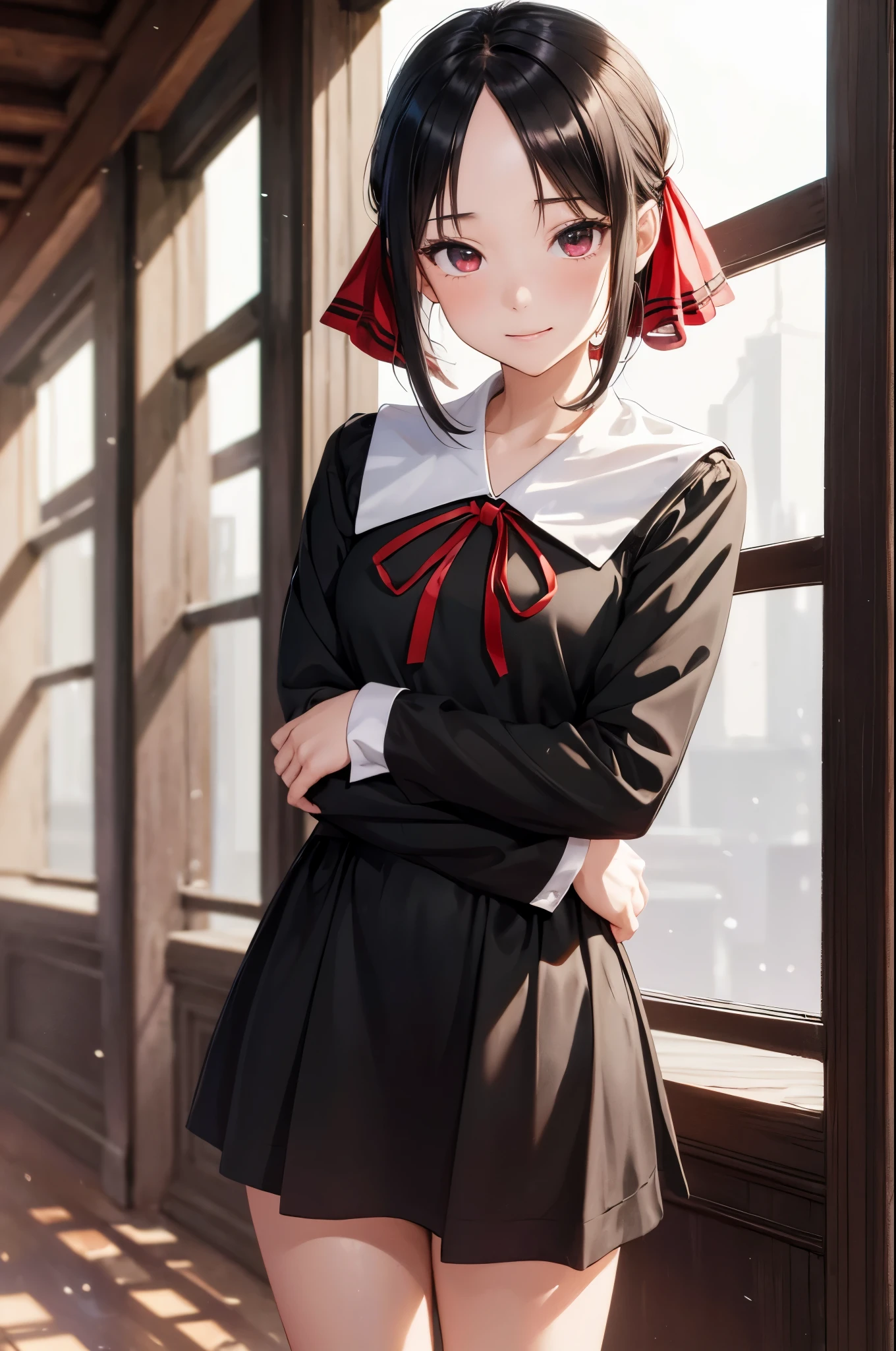 (masterpiece, best quality:1.2), expressive eyes, perfect face, highres,1girl, solo, aakaguya, short hair, folded ponytail, hair ribbon, parted bangs, neck ribbon, red ribbon, black dress, black shirt, long sleeves, black sleeves, schoolyard background, smiling, standing, cowboy shot, looking at the viewer