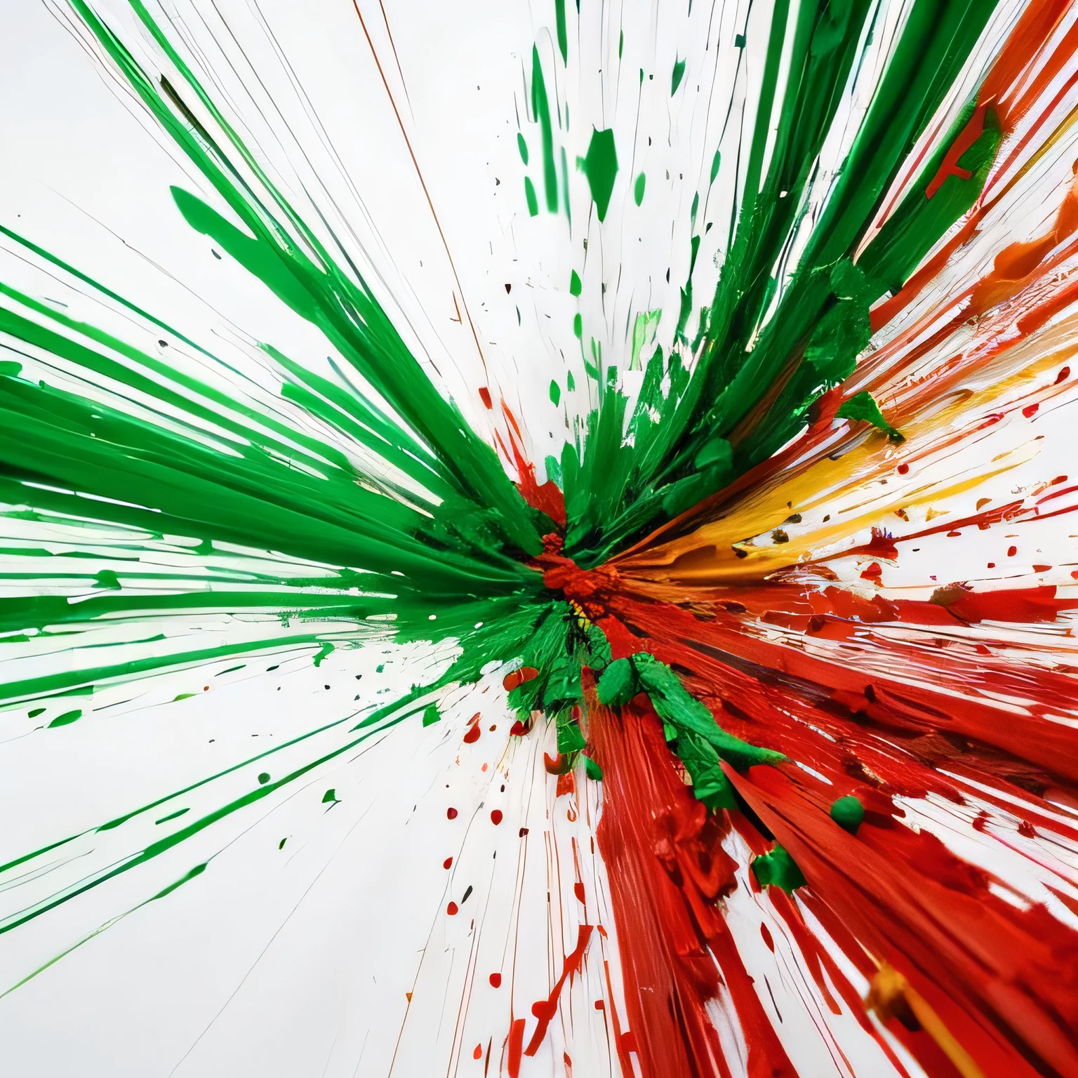 Only one red and green paint exploding and spreading, white background
