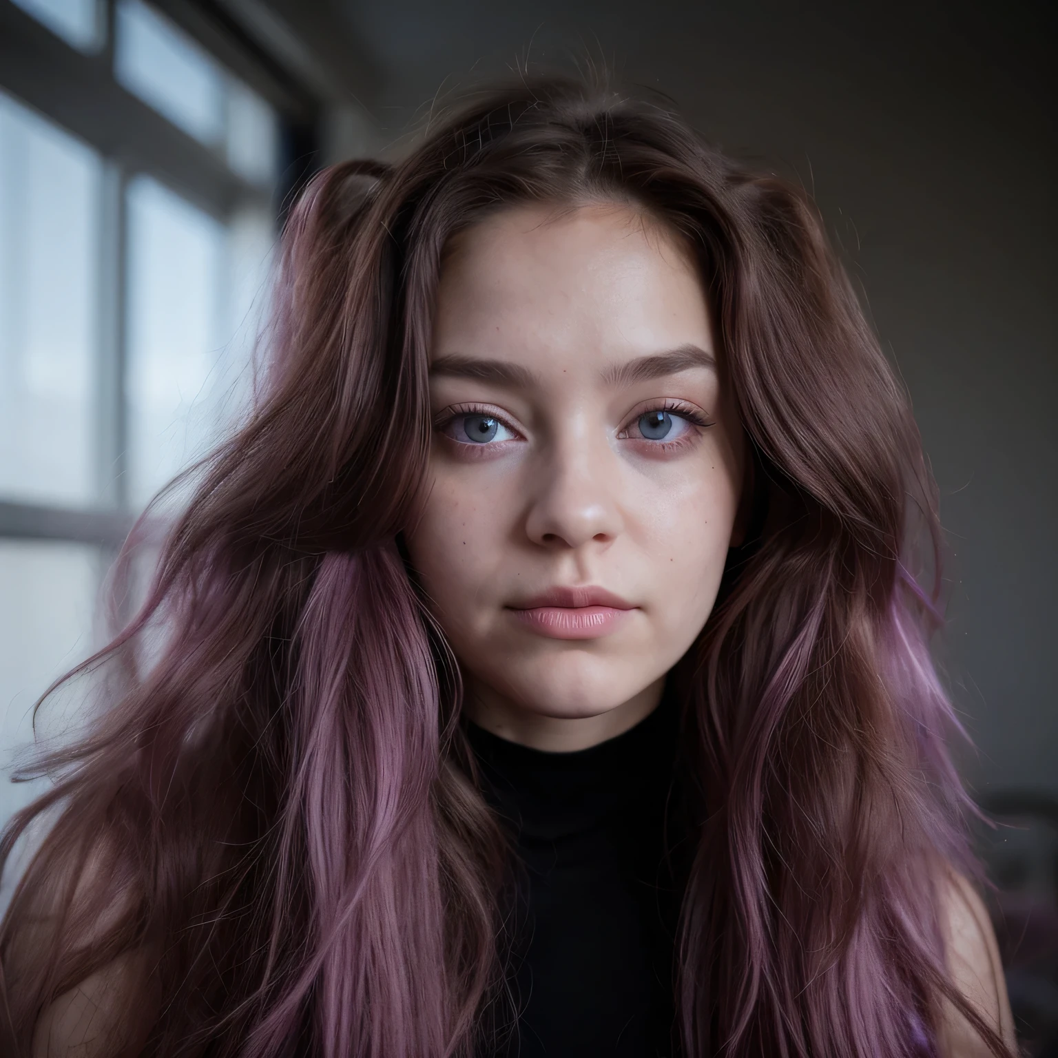 Photo of a college student, Purple Pink, Futuristic space suit, (freckle:0.8) Cute face, Science Fiction, Dystopia, Delicate eyes, Blue pupils((side view))Flowing long hair,Jump,be born,Burgundy hair