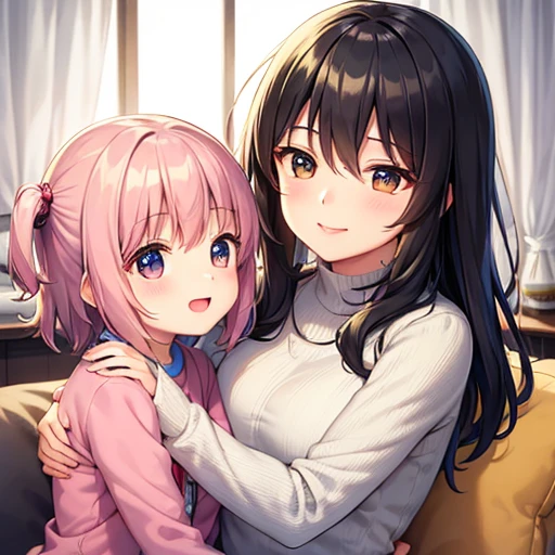 Illustration of a heartwarming moment between a 7-year-old girl and her 30-year-old mother. Both women radiate happiness and warmth as they smile at you, inviting you into their special bond. The girl's cheeks are rosy with excitement and innocence, while her mother's smile is gentle and loving. They sit close to each other, creating a cozy and comfortable atmosphere. The illustration is filled with vibrant colors and intricate details, capturing the tender moments between the two best friends.