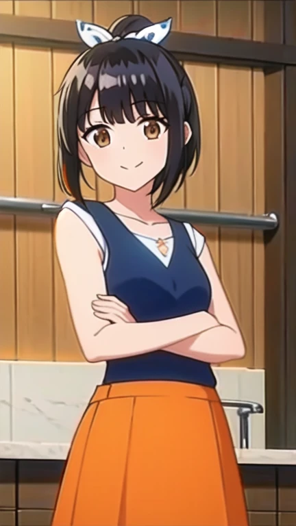 (masterpiece, best quality:1.2), 1girl, solo, (black hair:1.5), bangs, ponytail, hair ribbon, (white hair ribbon:1.3), (brown eyes:1.4), (short hair), smile, grin, closed mouth, collarbone, shirt, sleeveless shirt, (blue shirt:1.4), skirt, long skirt, (orange skirt:1.4), (cowboy shot:1.5), looking at viewer,