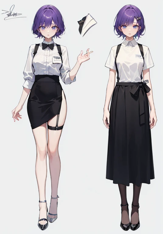 Purple Hair,Shortcuts,Adult female,(((bartender))),((Body Harness)),((Rolling up your sleevesYshirt)),(corset),skirt,((garter belt)),High heels,((Simple Background)),smile,((Full Body)),((full body)),((whole body)),Character Sheet,