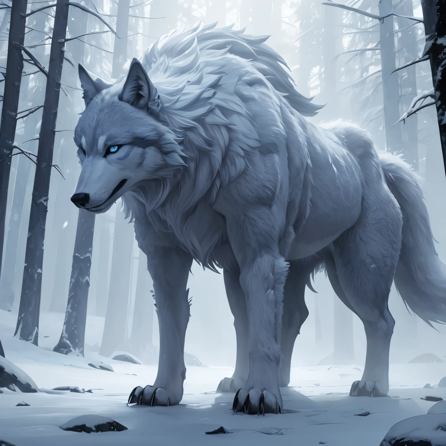 fantasy art 8k,
pmmkr2024,best quality, trending on artstation,giant female wolf,white hairy,human blue eyes,mist,cold,blizzard,winter breath,ice claws,looking in the camera,quadruped,calm,quiet,Best quality, masterpiece, ultra-high resolution, forest in the background, 8k, (Light and Shadow Effect)