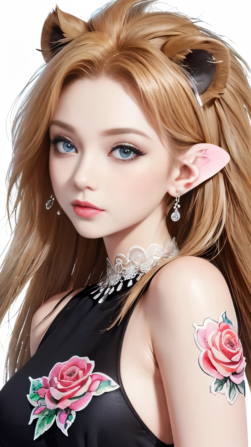 ((White background)), ((Clip Art )), ((sticker)), (((Lion's ears)), Watercolor beautiful wild rose fantasy art, Perfect eyes,Beautiful face and flowers, Angel Wings, chibi Lovely animation style, Vibrant colors, Intricate details, Ultra Detail, Ultra-high quality, 32k, Unreal Engine, isolated on White background, Lovely, Flash,full-body shot