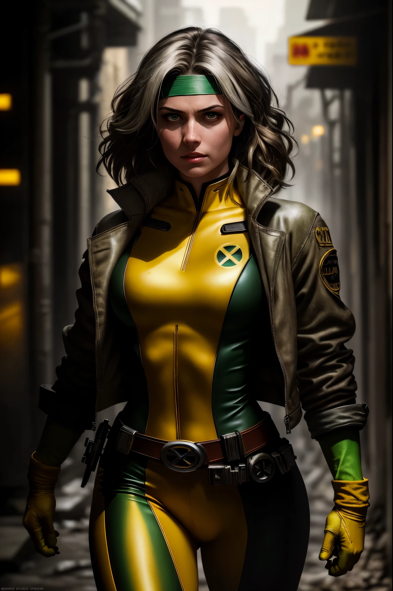 (dark shot: 1.1), epic realistic, Rogue from X-Men, 1 girl, only 1, beautiful, angry look, green eyes, dark brown hair, (one white streak of hair), green headband, green and yellow bodysuit, jacket, belt, yellow gloves, open jacket, yellow boots, dark alley background, art by Greg Rutkowski and artgerm, soft cinematic light, Adobe Lightroom, darkroom, HDR, intricate, highly detailed, (depth of field: 1.4), faded, (neutral colors: 1.2), (hdr: 1.4), (muted colors: 1.2), hyper-detail (artstation: 1.4), cinematic, warm light, dramatic light (complex details: 1.1)