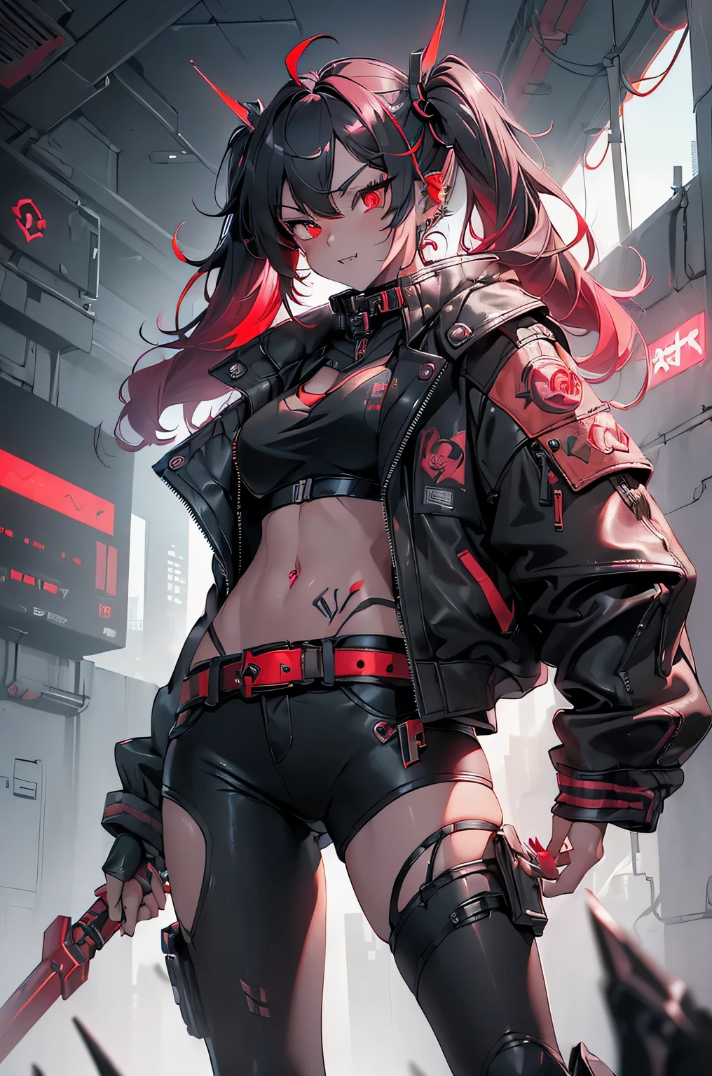 One girl, Rebecca \(cyber punk\), ((full body,Dynamic Angle,He holds a weapon in his right hand, raised it to his shoulder, and carries it on his shoulder.,Holding a hammer in your hand:1.35)),(One Woman,Pink twisted twin tails, glowing Red eyes,Laugh fearlessly, Leg Tattoos, Neck Tattoo, Large Breasts, Black bra, String, Red pupils, Leather Fang, Red eyes, Black jacket:1.3),cyber punk,cyber cityscape,