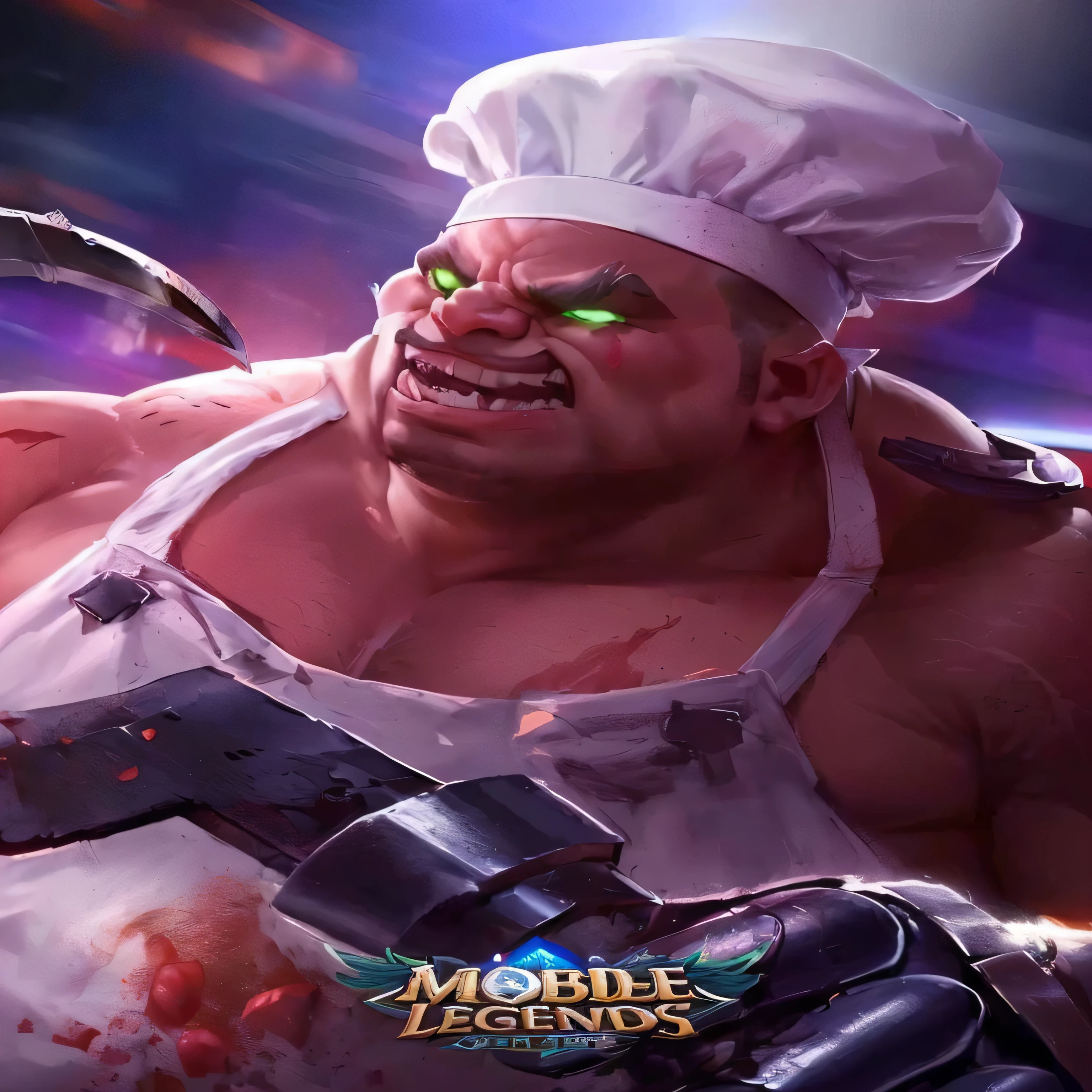 a close up of a man with a knife and a chef hat, pudge from dota 2, ogre chef in an apron, amazing portrait of viego, by Daryush Shokof, big butcher man posing scarily, fat ripped satanic creature, official splash art, 8k hd wallpaperjpeg artifact, 8 k hd wallpaperjpeg artifact