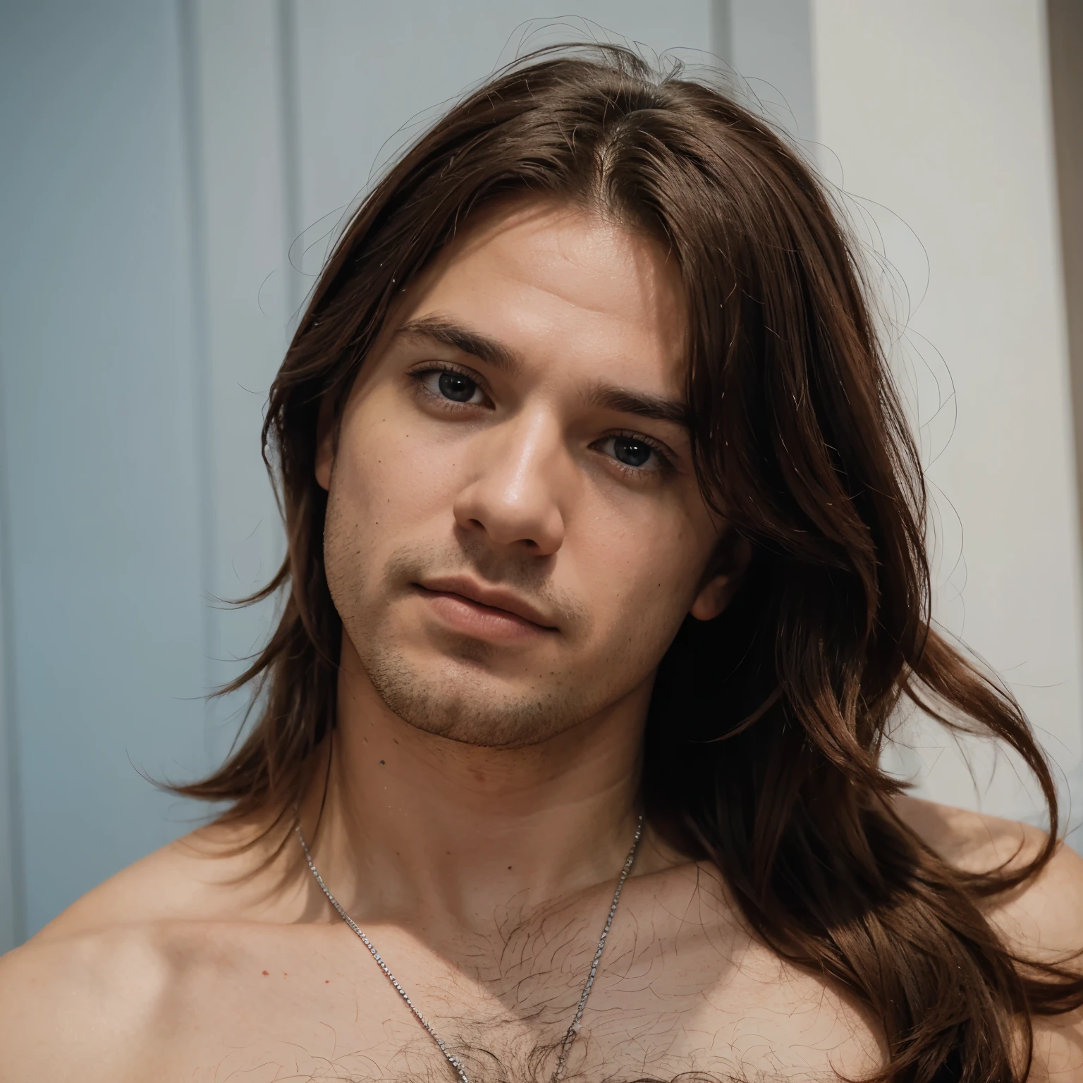 Um homem branco de cabelo cacheado de um lado rosa claro e do outro azul claro, realista marvel