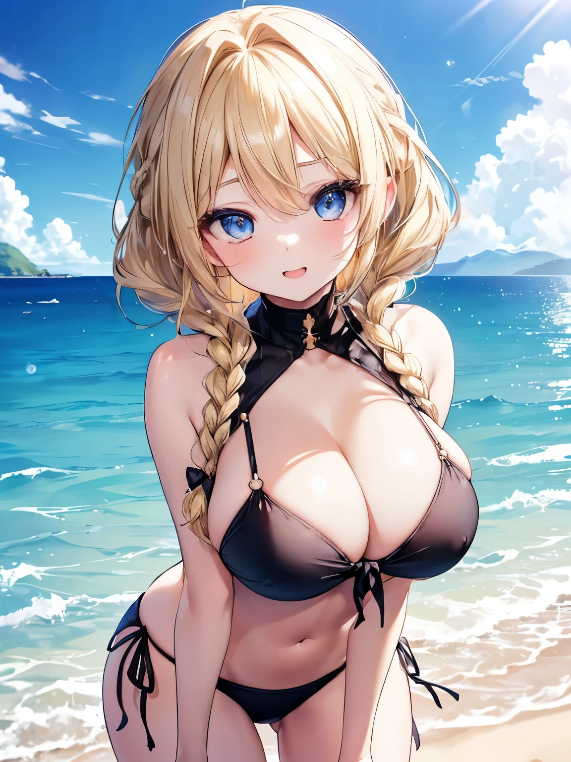Masterpiece,Best Quality,(Super Detail),Perfect Lighting, Highly detailed CG,Super detailed,(Highly detailed eyes,Very cute face,Highly detailed face:1.3),Beautiful Anime Girl,(Solo Girl),(Super huge boobs:1.4),(Sensual,Glamorous:1.4),(Blonde,Medium Hair,Twin braids,Let your hair hang forward:1.5),(Big light blue eyes),(Very happy smile,Open your mouth wide),break,(Black and white layered bandeau bikini),Sandy Beach,Summer sunshine,Horizon lines seen in the distance,Cloudless blue sky,Cowboy Shot