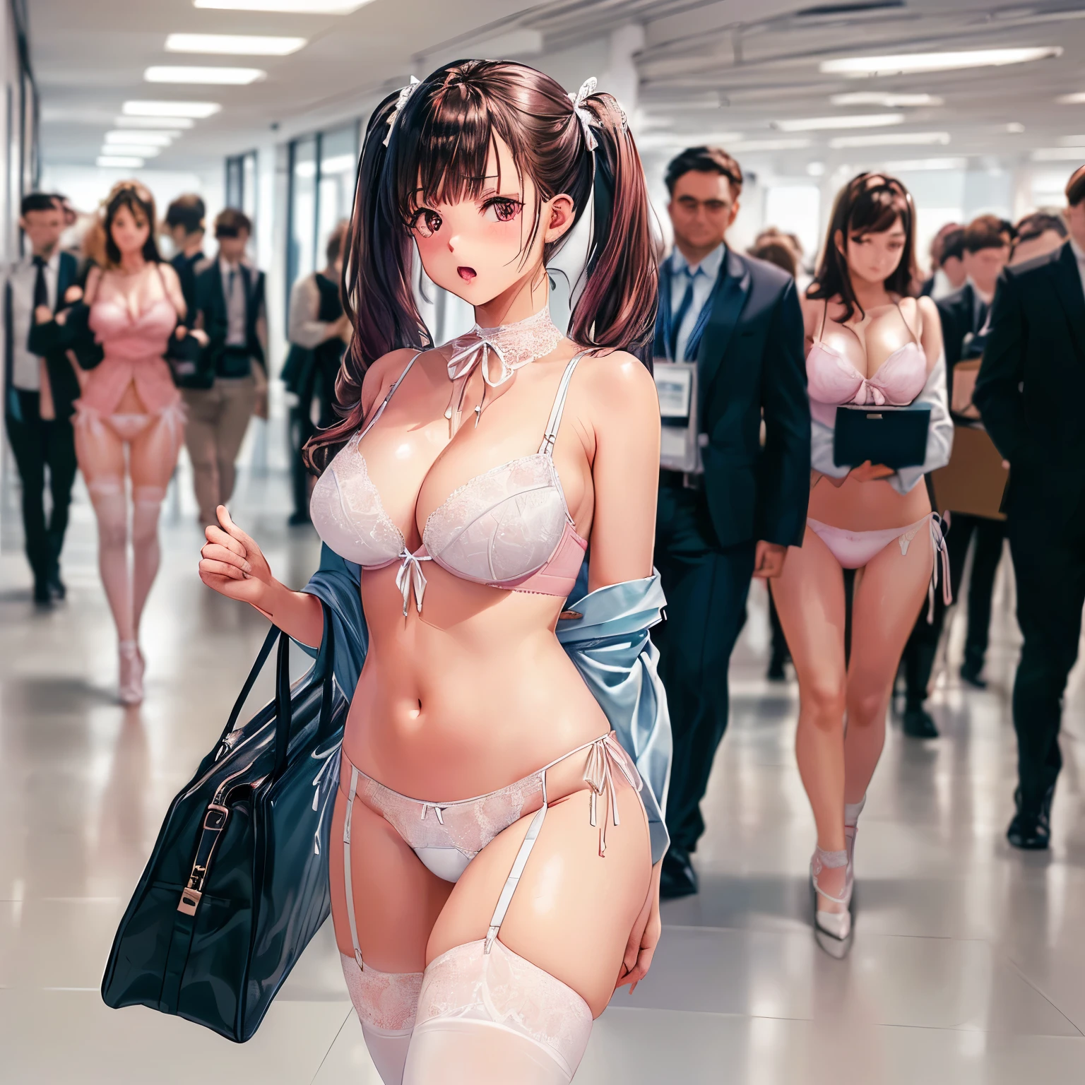 ((二人のIn underwearの女性がセクシーにOffice corridorを歩いている後ろ姿:1.8), Beautiful Anime Women, Beautiful art style, Anime characters, ((Smooth texture, Realistic texture, Anime CG Style)), ((Highest quality)), (Very detailed), (Very detailed CG 統合 8k 壁紙), Very detailed, High-resolution RAW color photos, Professional photography, Brown Hair, Stylish hairstyle, Slender body, (Stunningly beautiful woman), (Office corridor, Many business people walking down the corridor, There is a window in the hallway:1.3), ((Black high heels), (Sexy and cute blue underwear:1.3), (Stylish shiny blue satin panties, Side-tie panties, Panties with lace trim:1.3), (Thin panties:1.3), (Blue micro lace satin bra, Blue bra with lace trim, Thin bra:1.3), (lace garter belt, Garter Strings, Black knee socks:1.3):1.3), naked, In underwear, In underwearのオフィスレディ, Exact number of arms, Exact number of legs, Perfect Anatomy, (Embarrassed expression, Surprised expression), Angle from the rear, Exact finger count、Exact number of legs、(Exact number of arms:1.0, Exact number of hands:1.0), (Perfect hands, Perfect Anatomy)