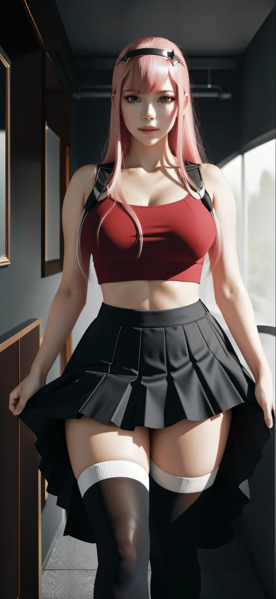 (zero_two_001:1.4), thicc school 1girl wearing thighhighs pleated skirt, skirt pull, skirt lift, revealing panties, short skirt, gorgeous features, clear face, symmetrical face, beautiful face, rendered eyes, detailed eyes, beautiful hair, smile, long legs, [thick|slender] bare thighs, thigh gap, natural breasts, symmetrical breasts, perfect breasts, anatomy, athletic, fit, in shape, exotic, alluring, mature, masterpiece portrait, extreme detail, (character focus:1.4), highly detailed, 8k octane, HDR, ultra detailed, best quality, highest quality, realistic lighting, hyperdetailed