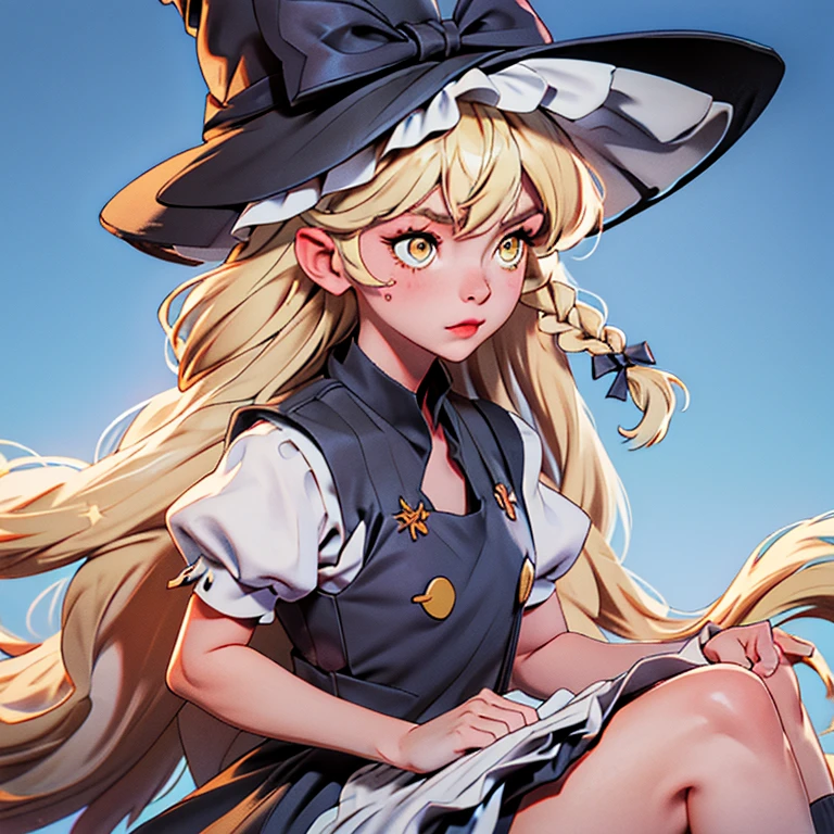 kirisame marisa, skirt, long hair, single braid, short sleeves, frills, white shirt, blonde hair, braid, white bow, hat bow, puffy sleeves, bow, breasts, apron, vest, broom, black headwear, yellow eyes, shirt, dress, witch hat, bangs, waist apron, side braid, hair between eyes, puffy short sleeves, hair bow, ribbon, star \(symbol\), hat