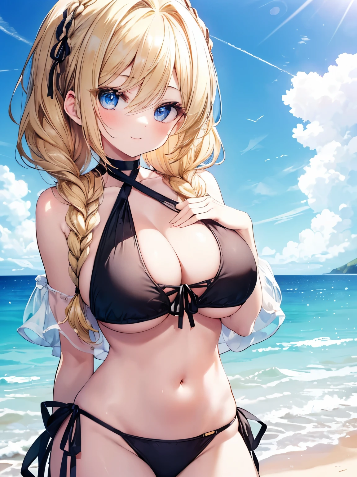 Masterpiece,Best Quality,(Super Detail),Perfect Lighting, Highly detailed CG,Super detailed,(Highly detailed eyes,Very cute face,Highly detailed face:1.3),Beautiful Anime Girl,(Solo Girl),(Super huge boobs:1.4),(Sensual,Glamorous:1.4),(Blonde,Medium Hair,Twin braids,Let your hair hang forward:1.5),(Big light blue eyes),(Very happy smile,Open your mouth wide),break,(Black and white layered bandeau bikini),Sandy Beach,Summer sunshine,Horizon lines seen in the distance,Cloudless blue sky,Cowboy Shot