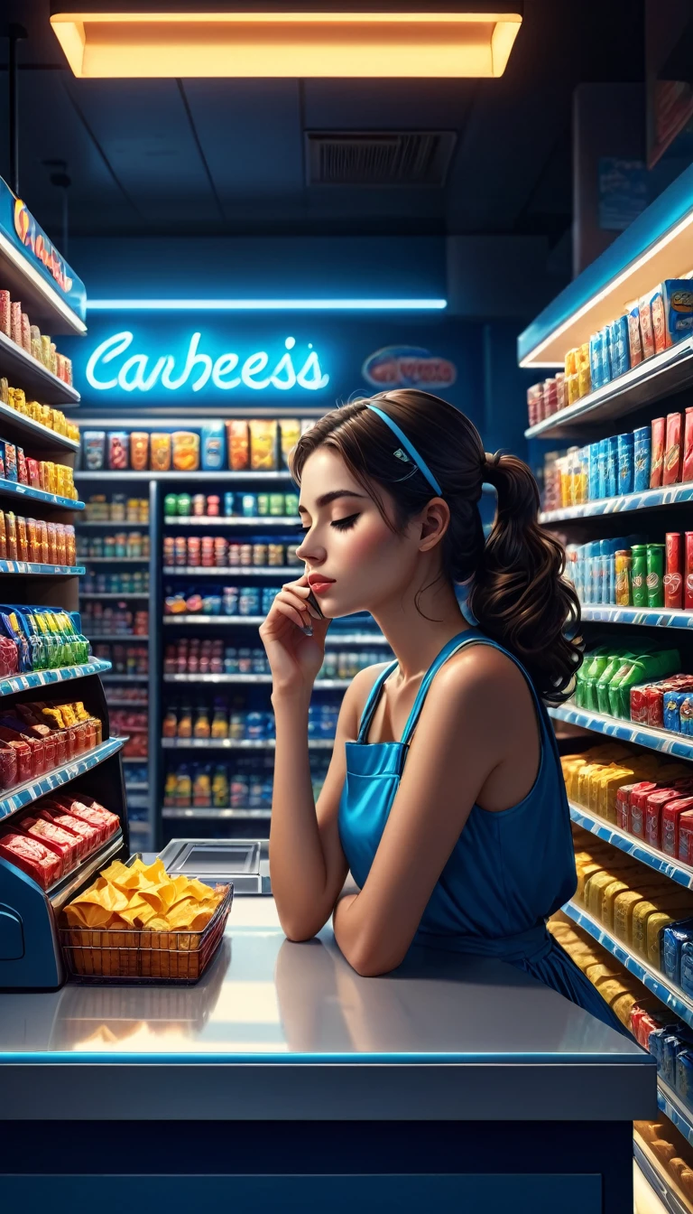 best quality,4k,highres,masterpiece:1.2,ultra-detailed,realistic

midnight convenience store,sleeping on the cash register tired young woman cashier,head resting on her hand,tired face,snoozing,peaceful scene,dimmed lights,cold blue ambiance,quiet ambiance,empty store,late night shadows,neon signs flickering,rows of shelves,snacks and drinks,price tags,reflective floor,polished counter,stack of registers,cash register machine

art style:hyperrealism,detail-oriented,light and shadow realism,photorealistic

lighting:soft rays from the ceiling lights,illuminating the area around the cashier,subtle shadows cast by the shelves,glowing neon signs,cold blue tint,creating a serene atmosphere