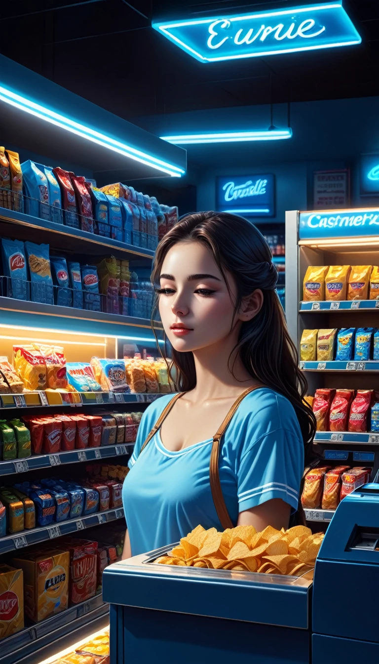 best quality,4k,highres,masterpiece:1.2,ultra-detailed,realistic
midnight convenience store,sleeping on the cash register tired young woman cashier,head resting on her hand,tired face,snoozing,peaceful scene,dimmed lights,cold blue ambiance,quiet ambiance,empty store,late night shadows,neon signs flickering,rows of shelves,snacks and drinks,price tags,reflective floor,polished counter,stack of registers,cash register machine
art style:hyperrealism,detail-oriented,light and shadow realism,photorealistic
lighting:soft rays from the ceiling lights,illuminating the area around the cashier,subtle shadows cast by the shelves,glowing neon signs,cold blue tint,creating a serene atmosphere