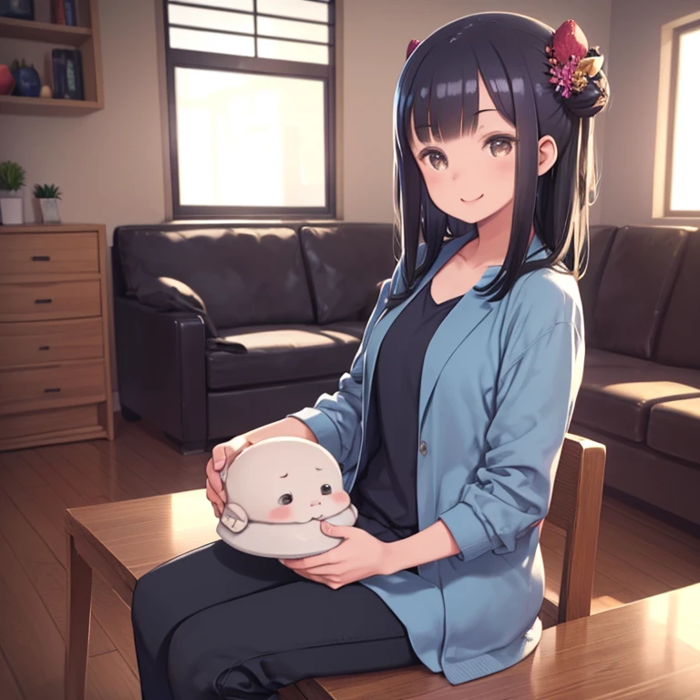(Tabletop, highest quality, Capture the cutest moment, Depth of written boundary, Ultra-detailed, Ultra-high resolution, c4d, Octadale, 3D Modeling, 8k, One Girl、Age 25、Black-haired、Straight Hair、Light brown eyes,hair ornaments、Blue jacket、Black trousers、(smile)、(Holding a baby)、(Sit in the living room)、(There are fruits on the table)、
