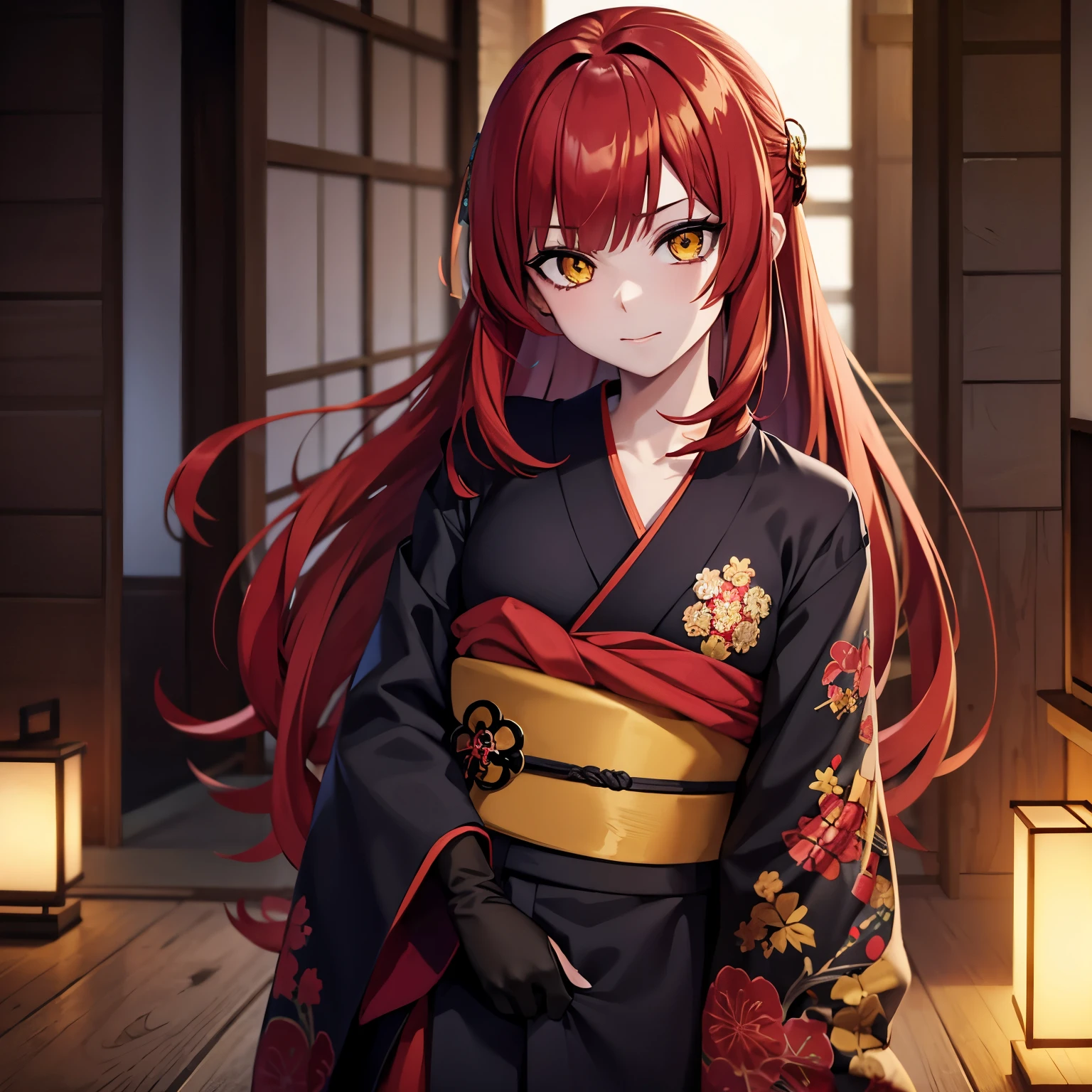 Anime girl with bright red hair, yellow eyes, and wearing a beautiful kimono